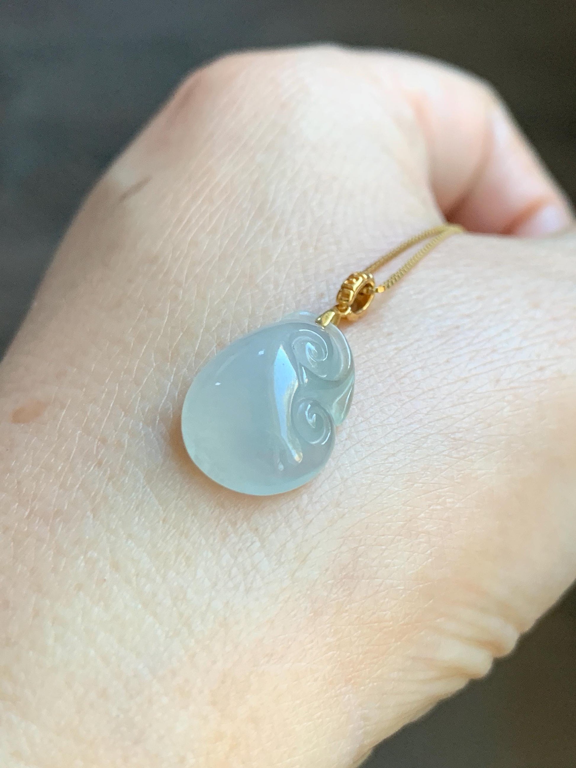 Natural Grade A Icy Highly Translucent White Jade Jadeite Ruyi Pendant 18K Yellow Gold Bail 天然冰胶白翡翠如意镶嵌吊坠 MBR280