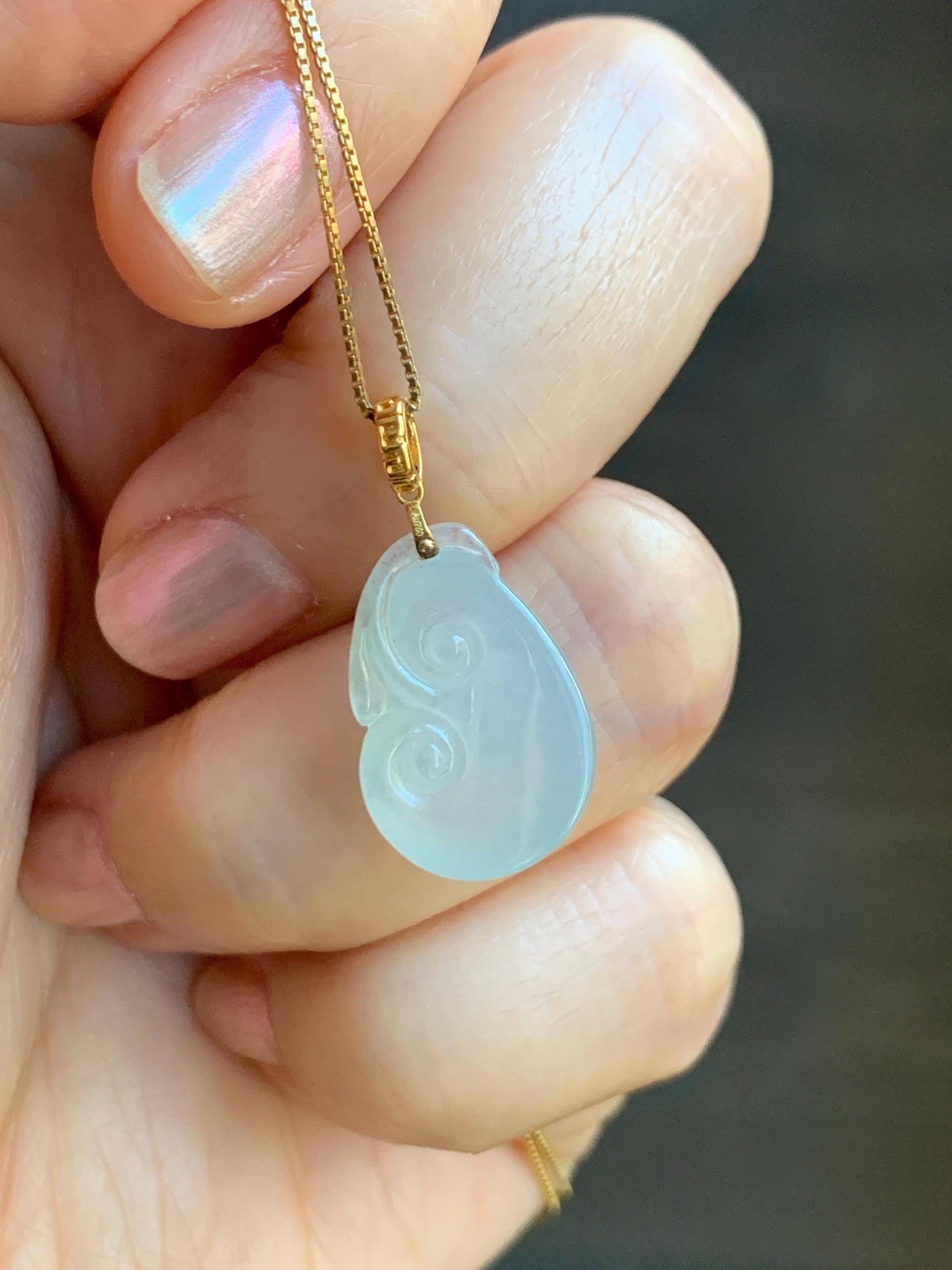 Natural Grade A Icy Highly Translucent White Jade Jadeite Ruyi Pendant 18K Yellow Gold Bail 天然冰胶白翡翠如意镶嵌吊坠 MBR280