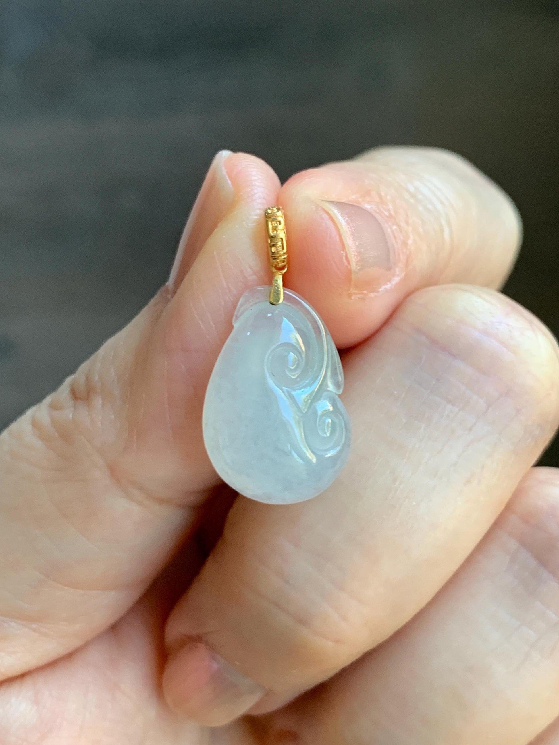 Natural Grade A Icy Highly Translucent White Jade Jadeite Ruyi Pendant 18K Yellow Gold Bail 天然冰胶白翡翠如意镶嵌吊坠 MBR280