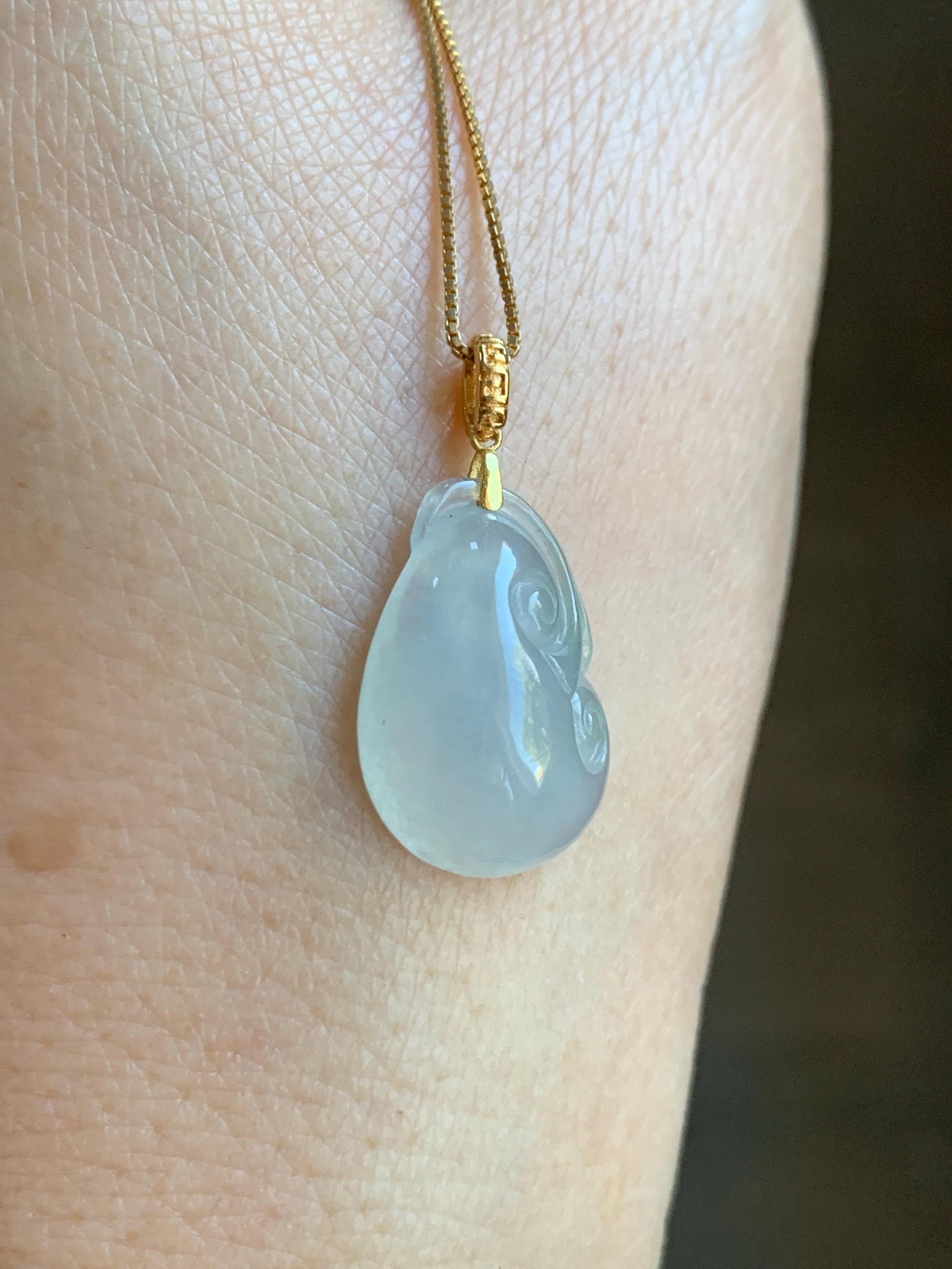 Natural Grade A Icy Highly Translucent White Jade Jadeite Ruyi Pendant 18K Yellow Gold Bail 天然冰胶白翡翠如意镶嵌吊坠 MBR280