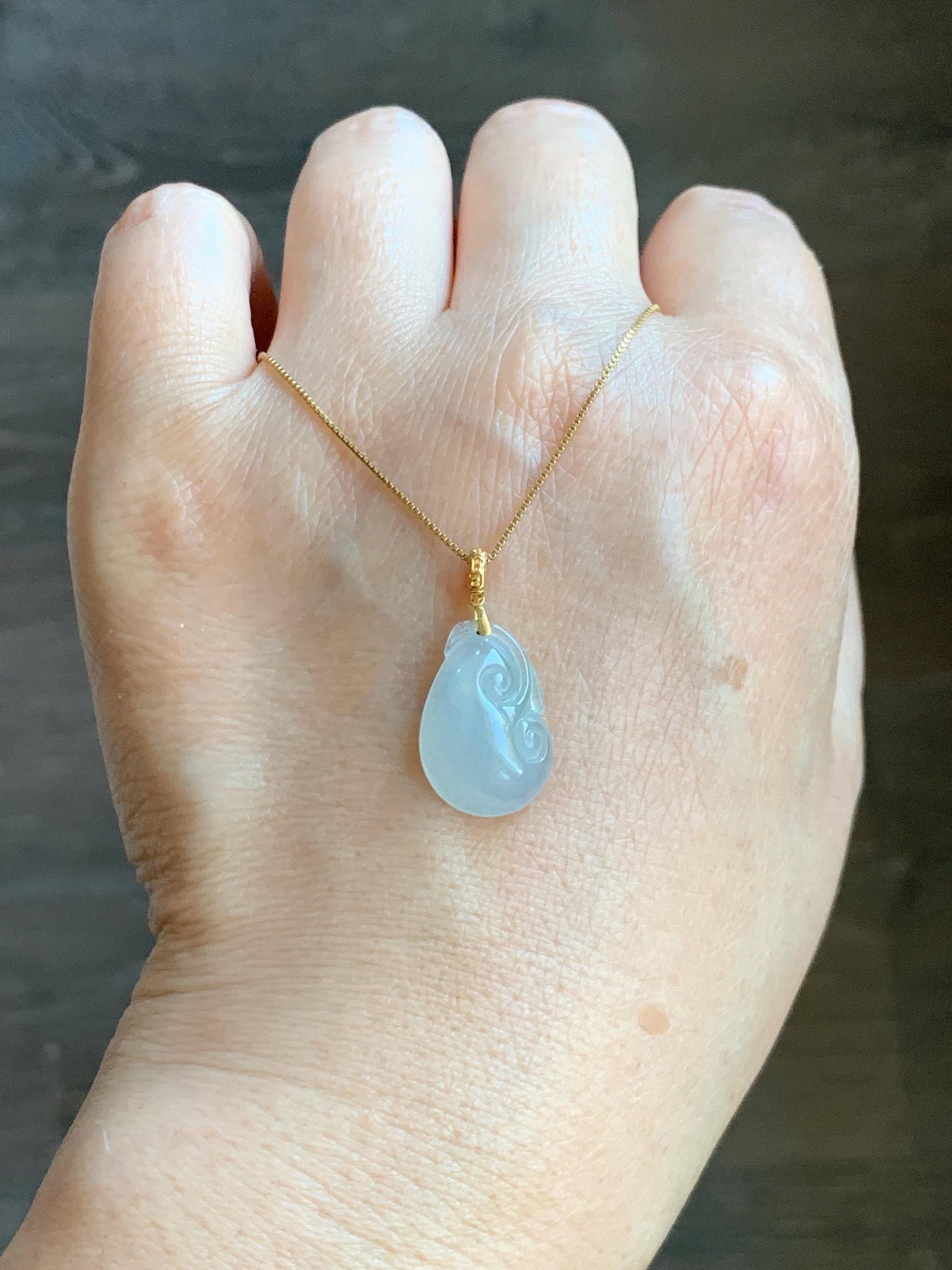 Natural Grade A Icy Highly Translucent White Jade Jadeite Ruyi Pendant 18K Yellow Gold Bail 天然冰胶白翡翠如意镶嵌吊坠 MBR280