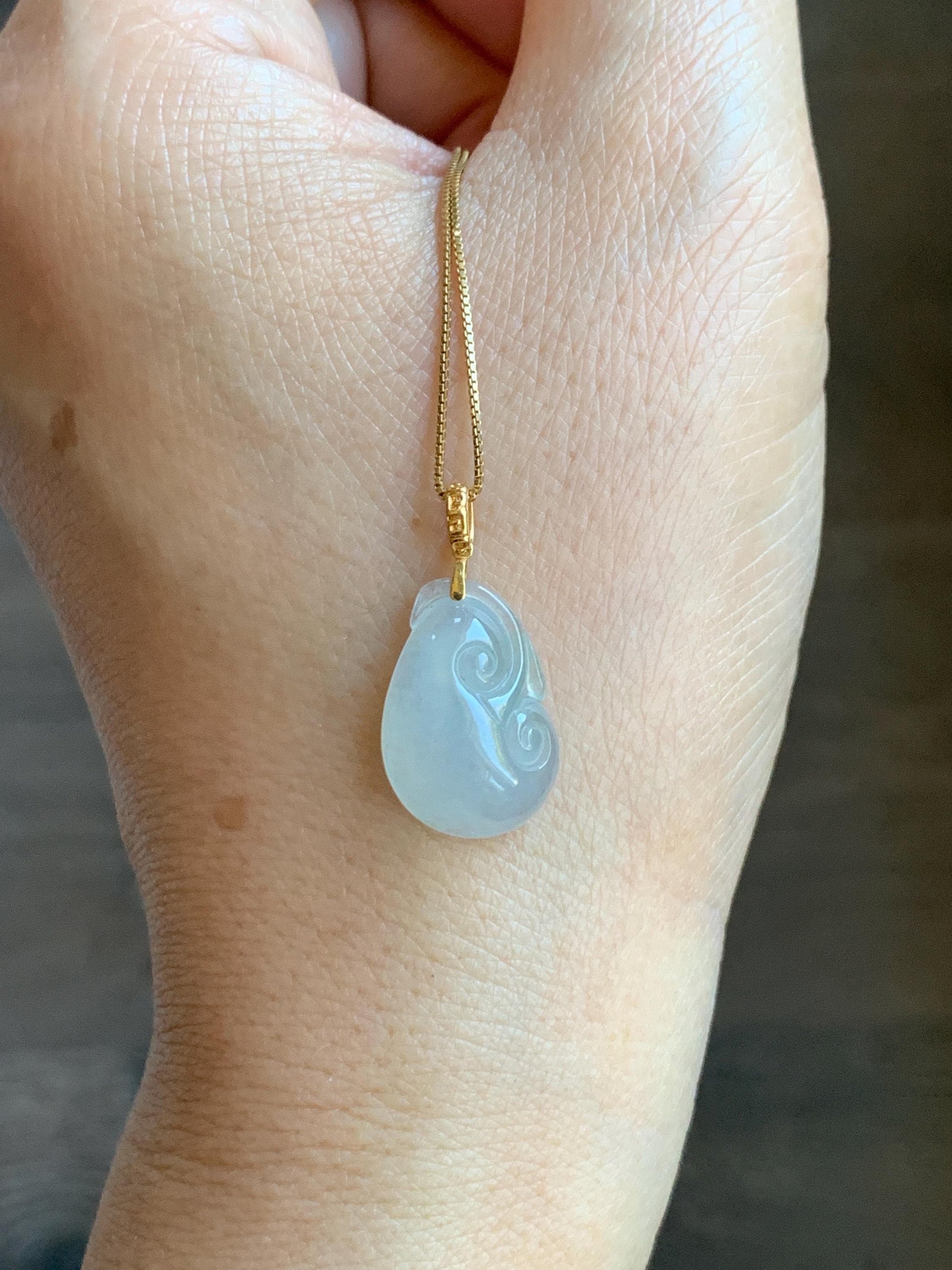 Natural Grade A Icy Highly Translucent White Jade Jadeite Ruyi Pendant 18K Yellow Gold Bail 天然冰胶白翡翠如意镶嵌吊坠 MBR280