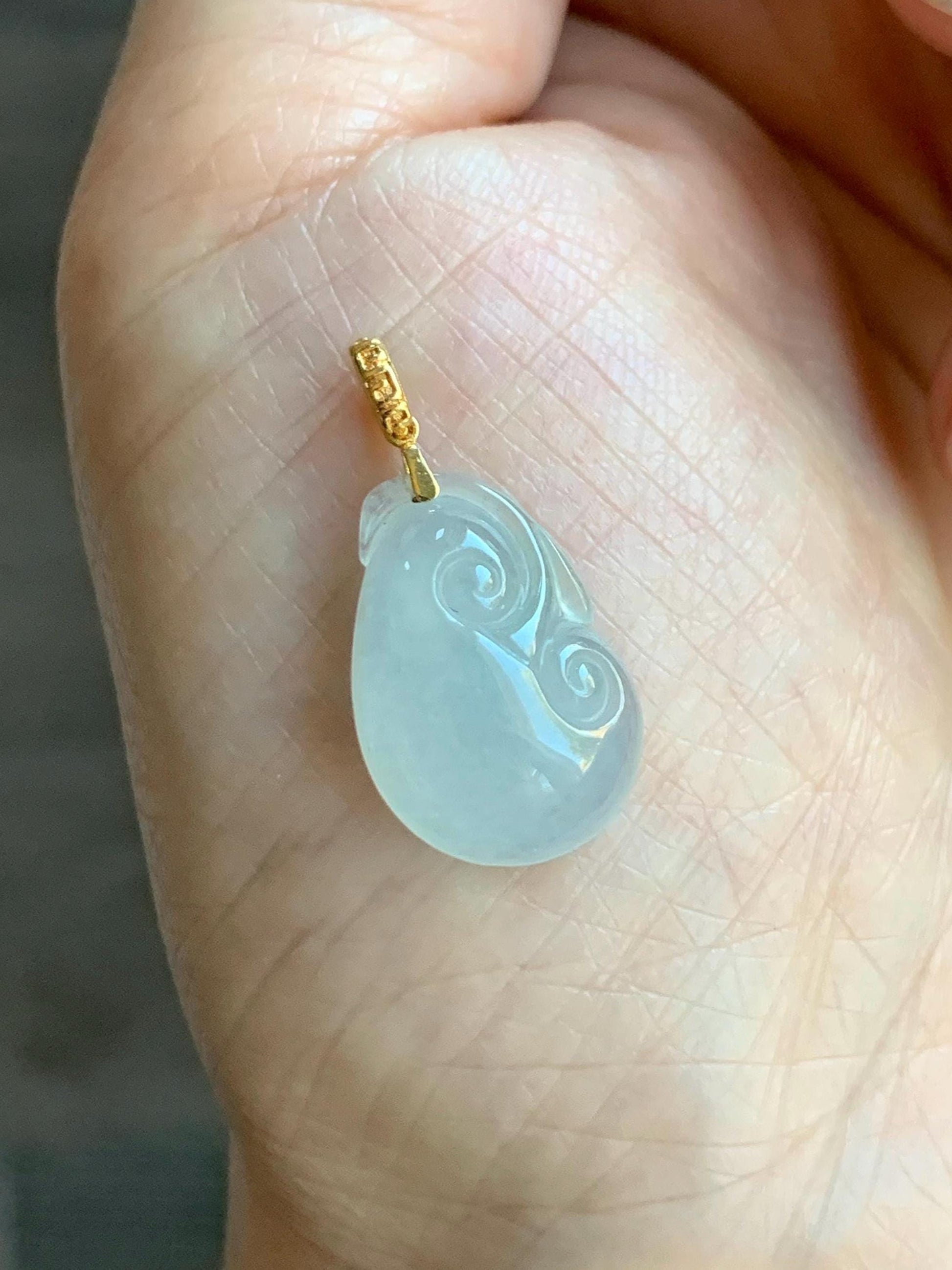 Natural Grade A Icy Highly Translucent White Jade Jadeite Ruyi Pendant 18K Yellow Gold Bail 天然冰胶白翡翠如意镶嵌吊坠 MBR280