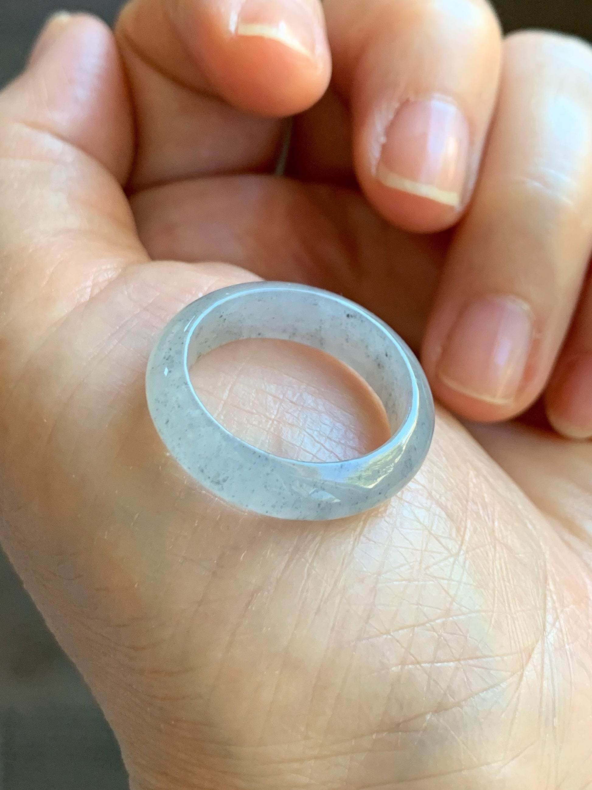 Natural Grade A Icy Translucent Light Gray Wuji Marbled Jade Jadeite Band Ring Size 9 US 天然冰胶乌鸡翡翠戒圈 MWJ66
