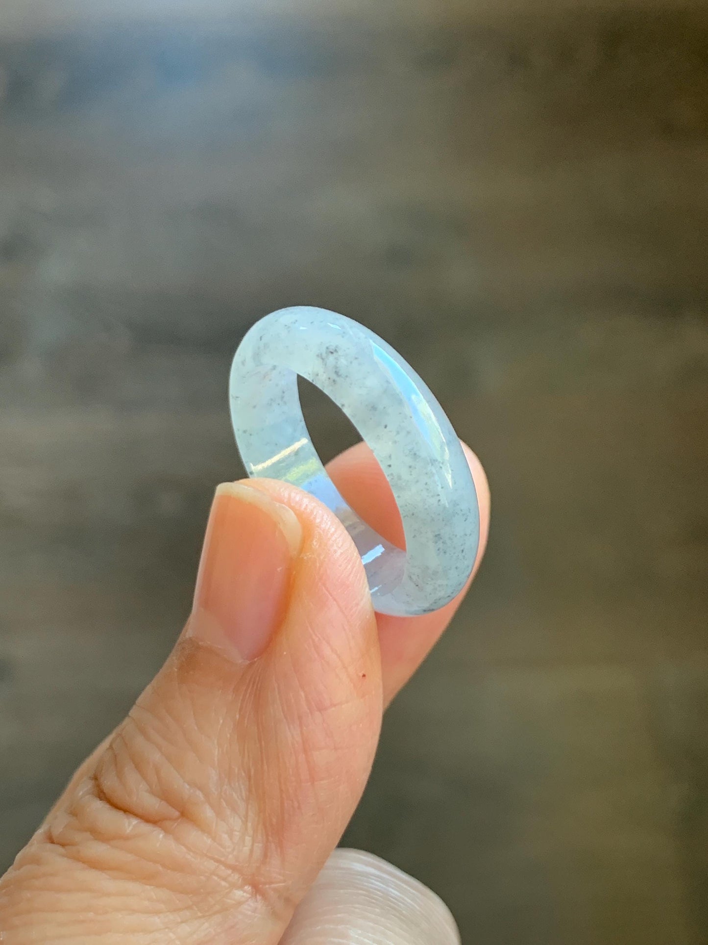 Natural Grade A Icy Translucent Light Gray Wuji Marbled Jade Jadeite Band Ring Size 9 US 天然冰胶乌鸡翡翠戒圈 MWJ66