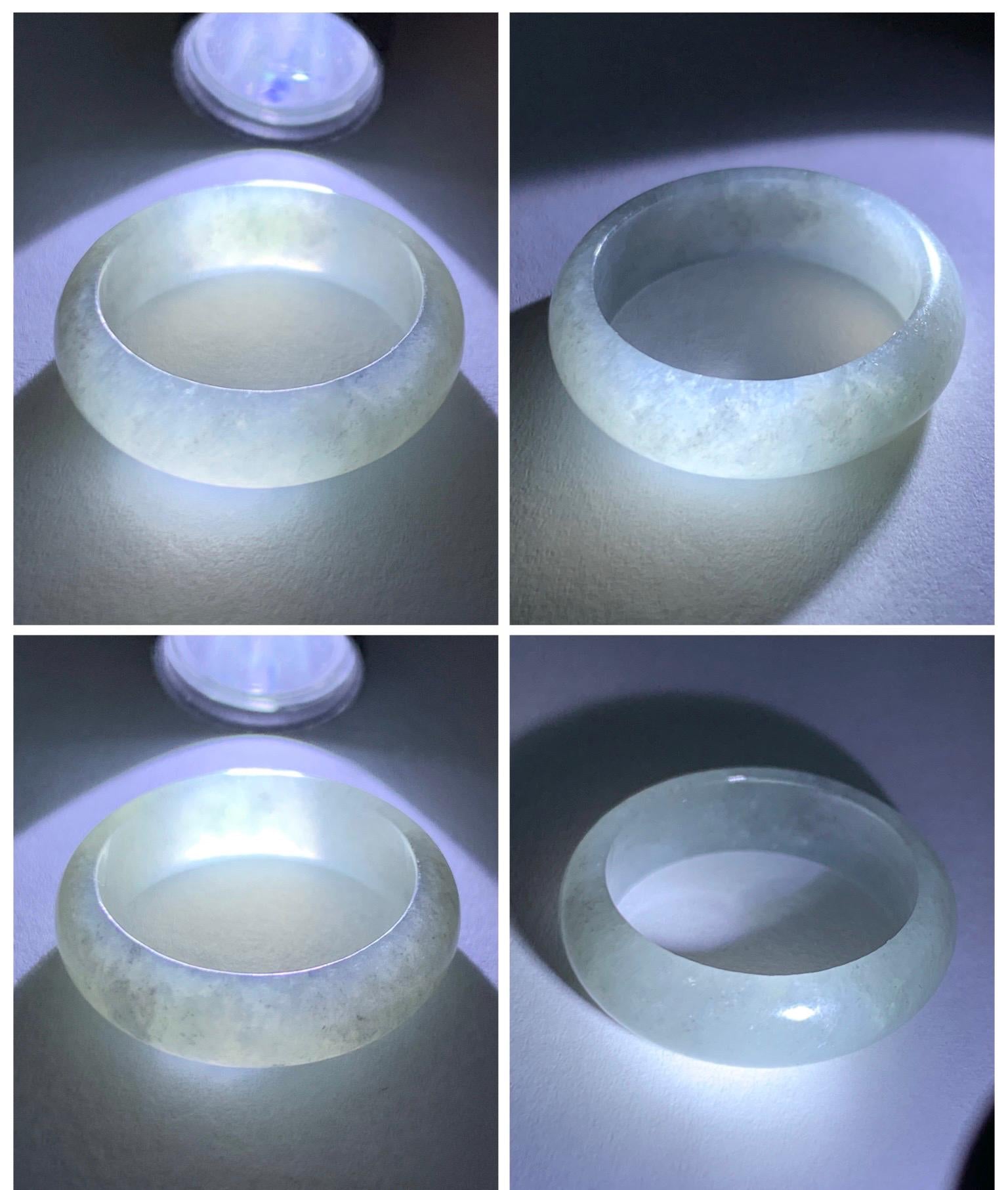 Natural Grade A Icy Translucent Light Gray Wuji Marbled Jade Jadeite Band Ring Size 8.5 US 天然冰胶乌鸡翡翠戒圈 MWJ66A