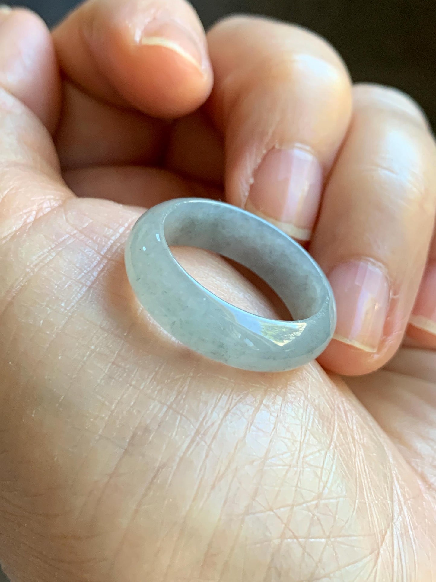 Natural Grade A Icy Translucent Light Gray Wuji Marbled Jade Jadeite Band Ring Size 8.5 US 天然冰胶乌鸡翡翠戒圈 MWJ66A