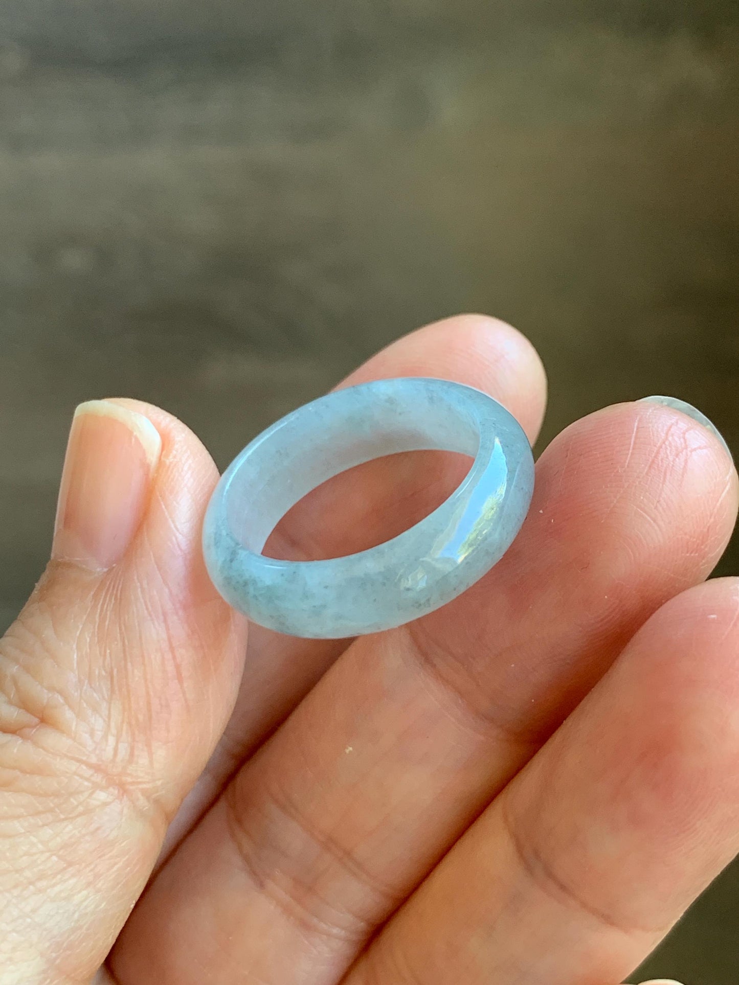 Natural Grade A Icy Translucent Light Gray Wuji Marbled Jade Jadeite Band Ring Size 8.5 US 天然冰胶乌鸡翡翠戒圈 MWJ66A