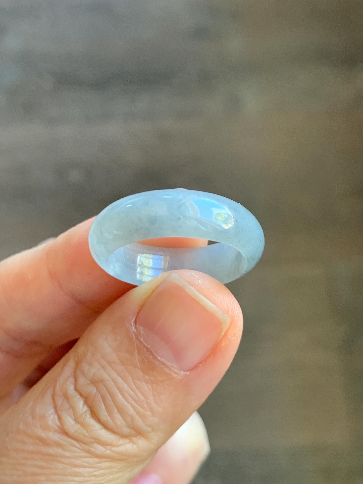 Natural Grade A Icy Translucent Light Gray Wuji Marbled Jade Jadeite Band Ring Size 8.5 US 天然冰胶乌鸡翡翠戒圈 MWJ66A