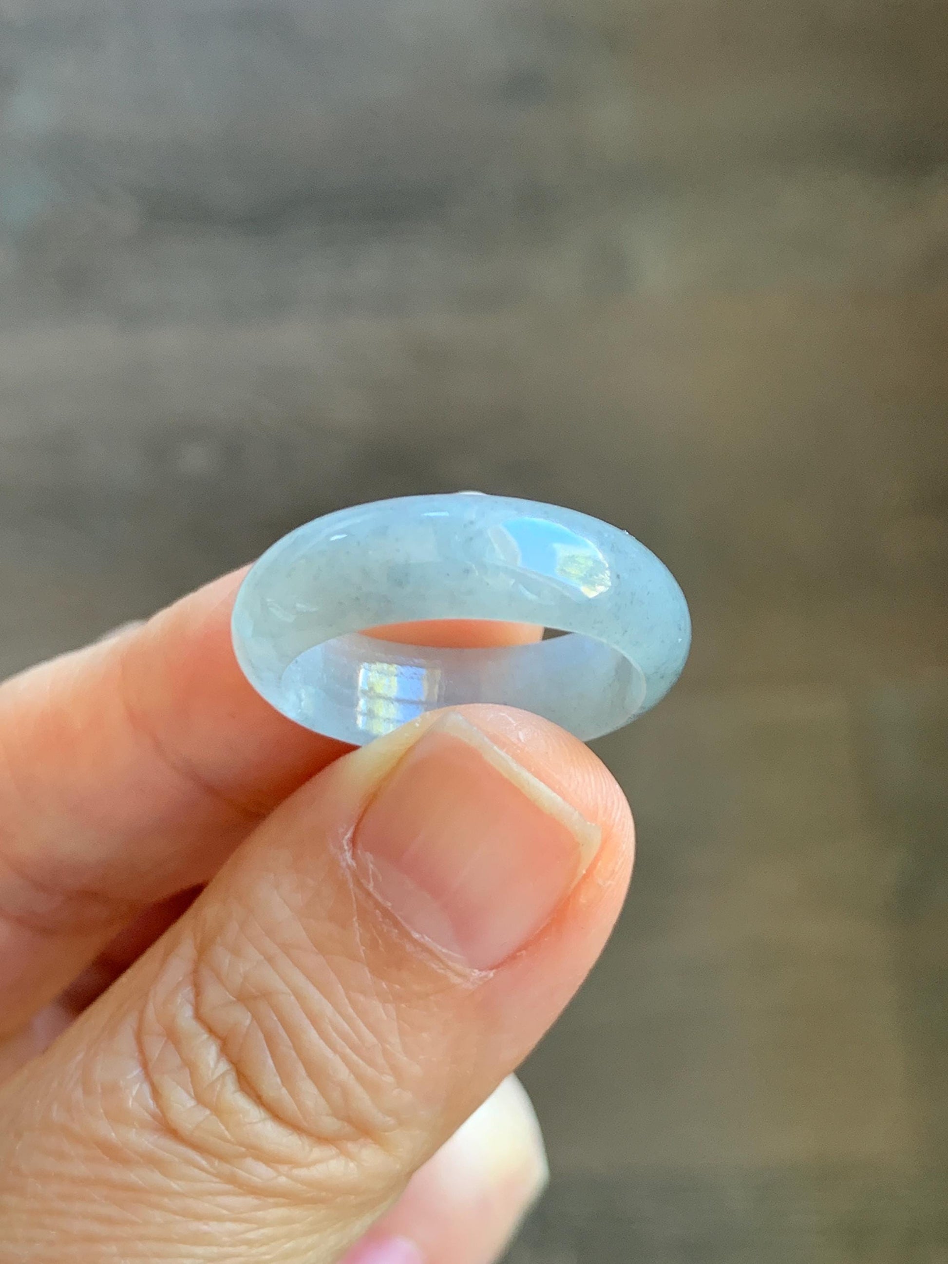 Natural Grade A Icy Translucent Light Gray Wuji Marbled Jade Jadeite Band Ring Size 8.5 US 天然冰胶乌鸡翡翠戒圈 MWJ66A