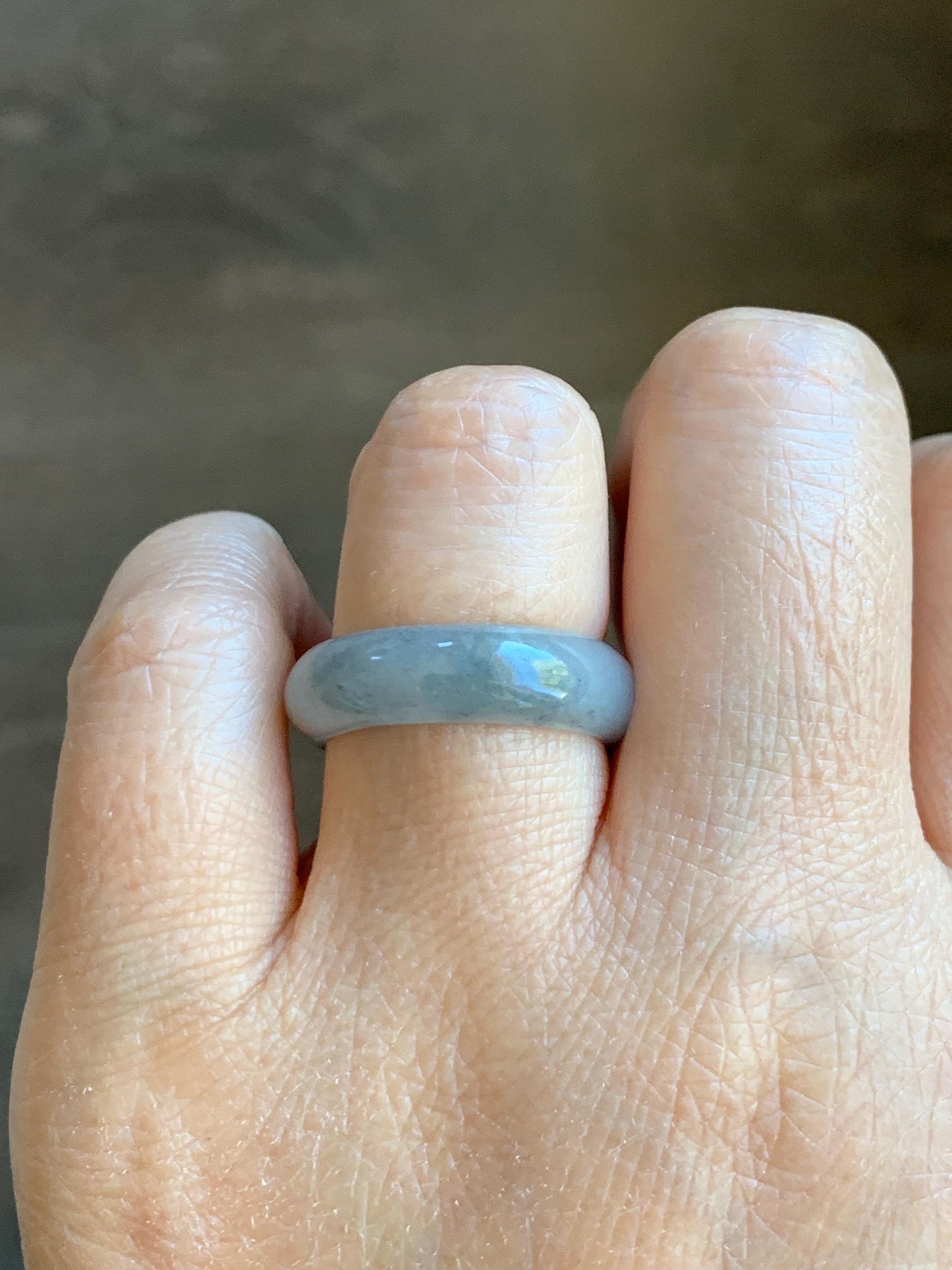 Natural Grade A Icy Translucent Light Gray Wuji Marbled Jade Jadeite Band Ring Size 8.5 US 天然冰胶乌鸡翡翠戒圈 MWJ66A