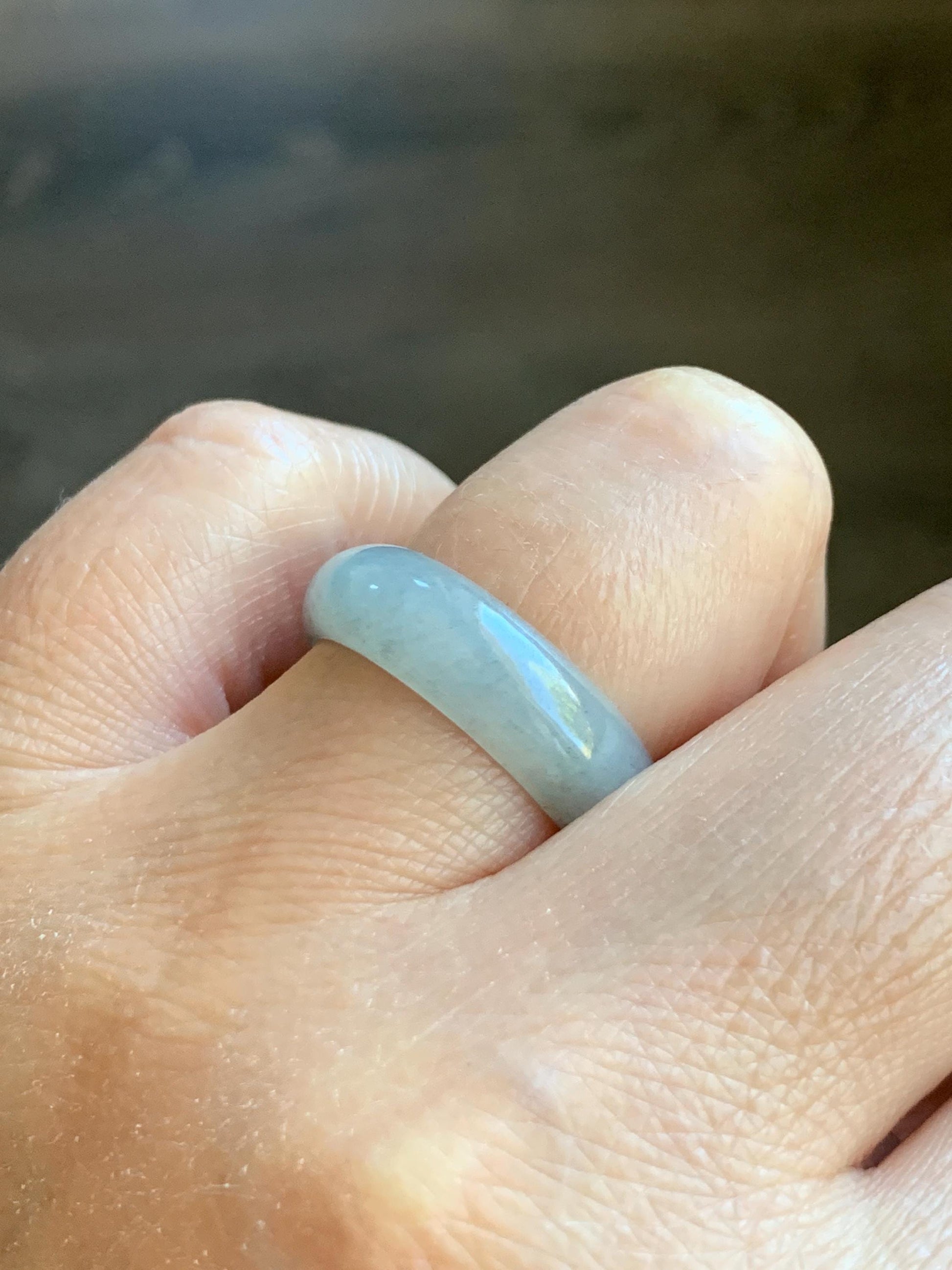 Natural Grade A Icy Translucent Light Gray Wuji Marbled Jade Jadeite Band Ring Size 8.5 US 天然冰胶乌鸡翡翠戒圈 MWJ66A