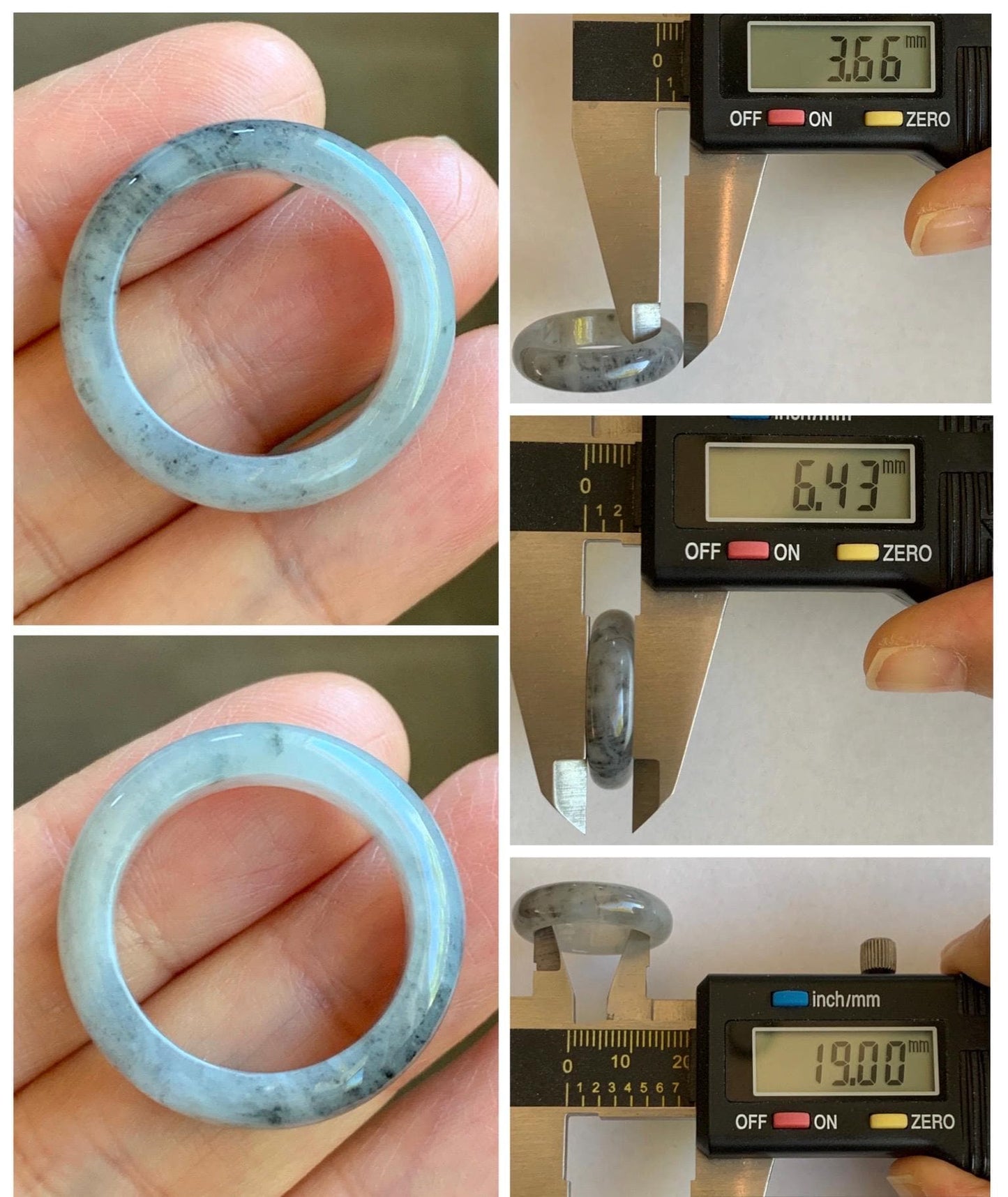 Natural Grade A Icy Translucent Light Gray Wuji Marbled Jade Jadeite Band Ring Size 8.75 US 天然冰胶乌鸡翡翠戒圈 MWJ66B