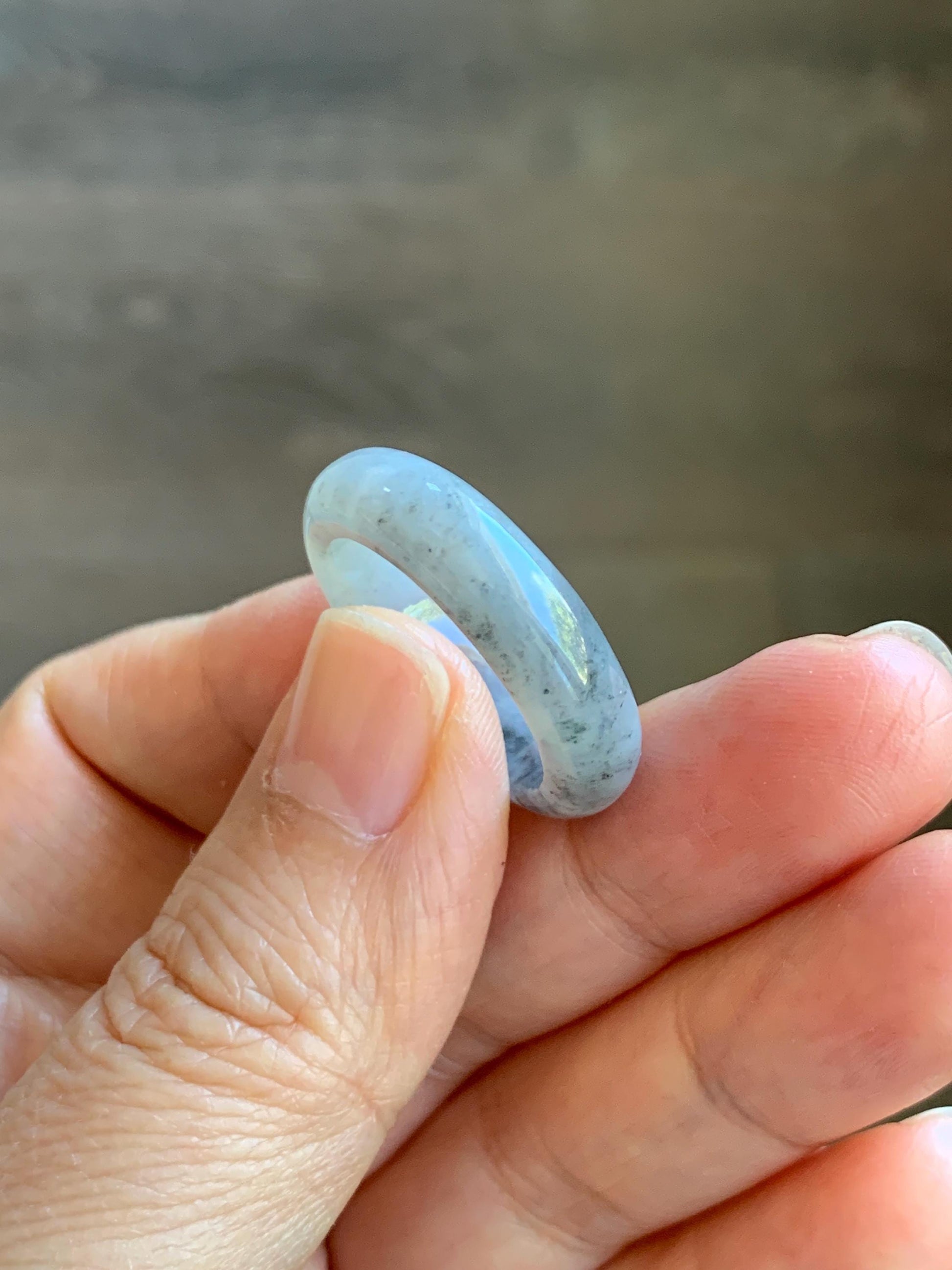 Natural Grade A Icy Translucent Light Gray Wuji Marbled Jade Jadeite Band Ring Size 8.75 US 天然冰胶乌鸡翡翠戒圈 MWJ66B