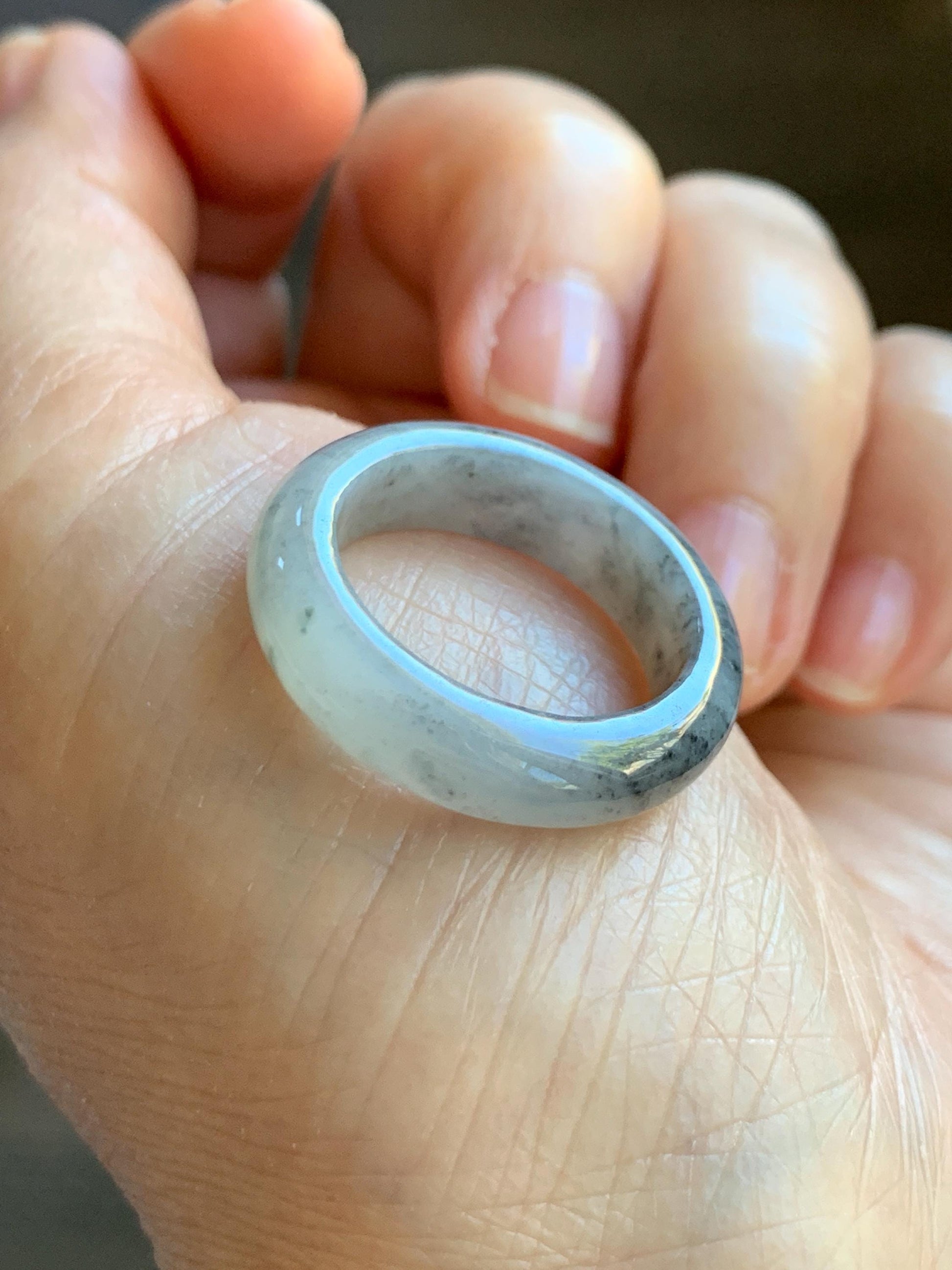 Natural Grade A Icy Translucent Light Gray Wuji Marbled Jade Jadeite Band Ring Size 8.75 US 天然冰胶乌鸡翡翠戒圈 MWJ66B