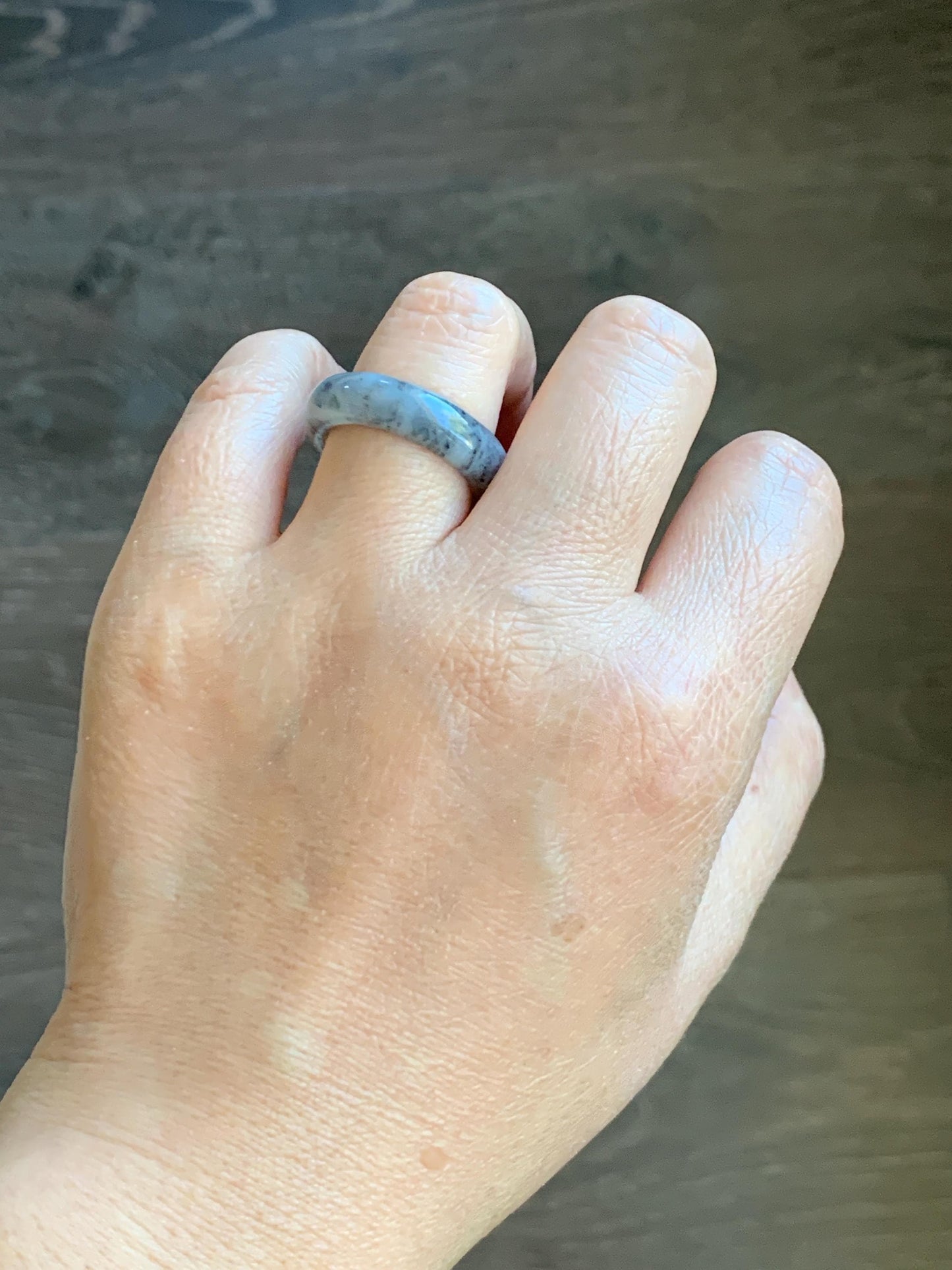 Natural Grade A Icy Translucent Light Gray Wuji Marbled Jade Jadeite Band Ring Size 8.75 US 天然冰胶乌鸡翡翠戒圈 MWJ66B