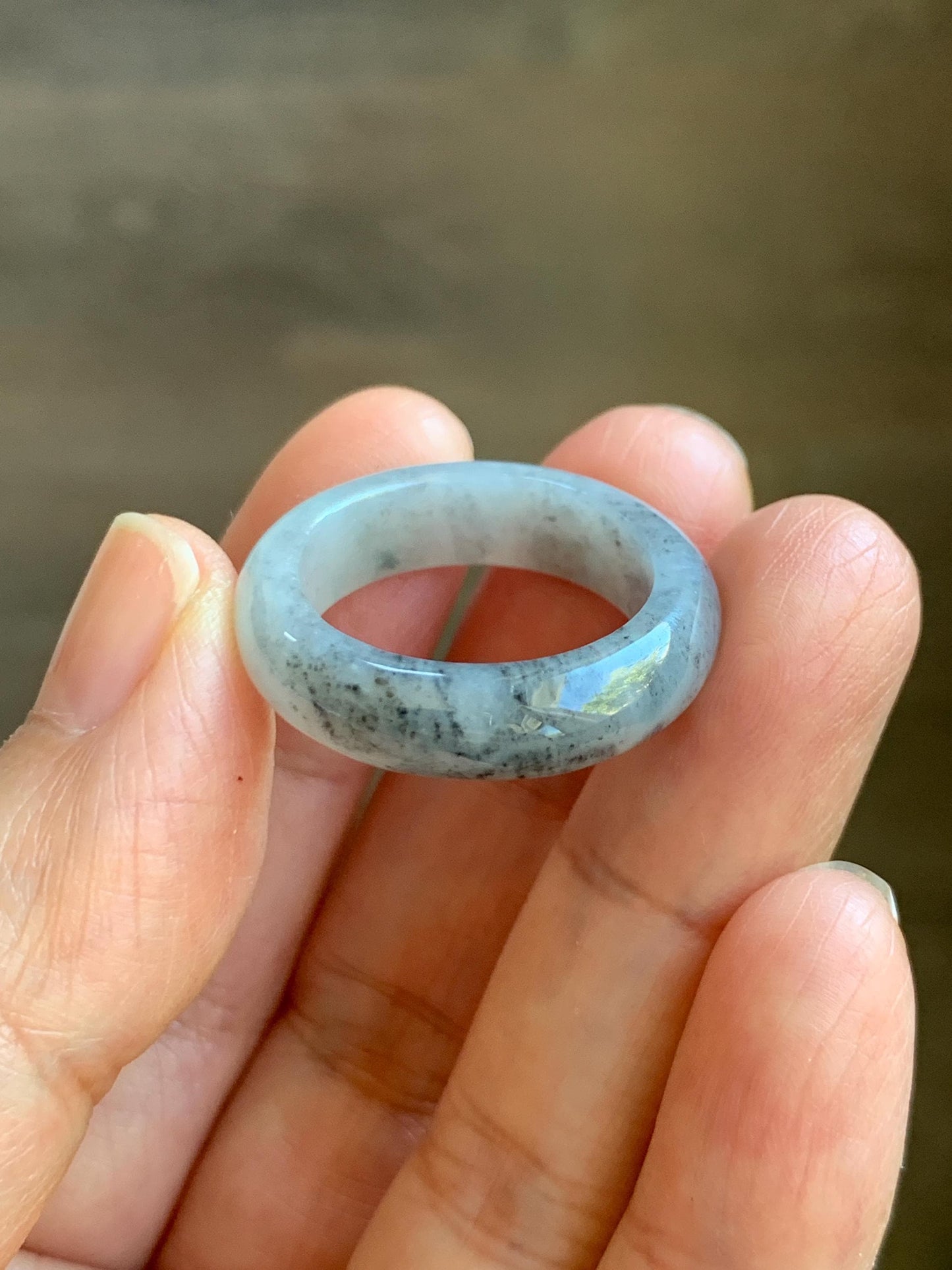 Natural Grade A Icy Translucent Light Gray Wuji Marbled Jade Jadeite Band Ring Size 8.75 US 天然冰胶乌鸡翡翠戒圈 MWJ66B