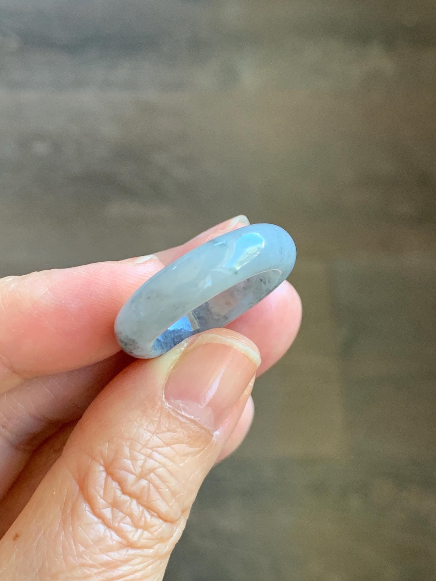 Natural Grade A Icy Translucent Light Gray Wuji Marbled Jade Jadeite Band Ring Size 8.75 US 天然冰胶乌鸡翡翠戒圈 MWJ66B