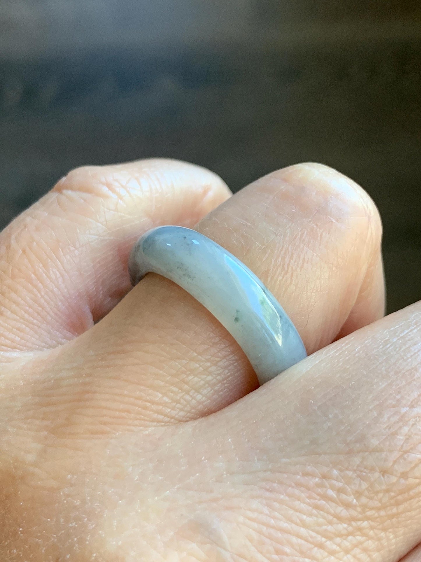 Natural Grade A Icy Translucent Light Gray Wuji Marbled Jade Jadeite Band Ring Size 8.75 US 天然冰胶乌鸡翡翠戒圈 MWJ66B