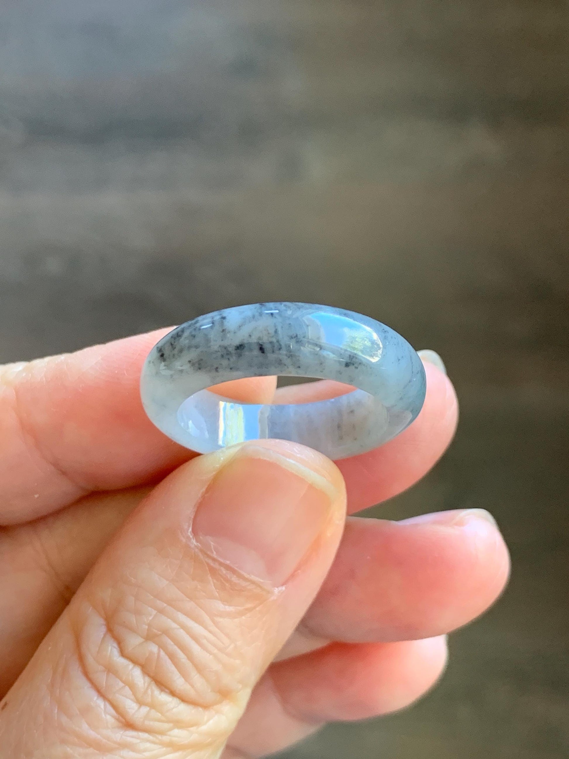 Natural Grade A Icy Translucent Light Gray Wuji Marbled Jade Jadeite Band Ring Size 8.75 US 天然冰胶乌鸡翡翠戒圈 MWJ66B
