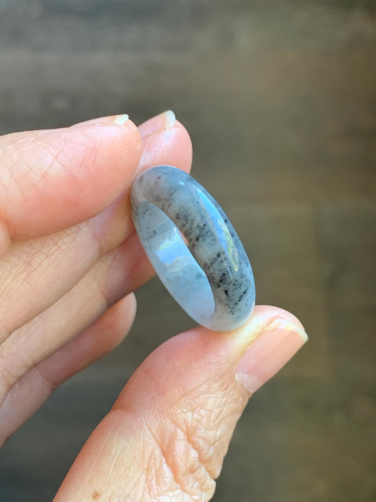 Natural Grade A Icy Translucent Light Gray Wuji Marbled Jade Jadeite Band Ring Size 8.75 US 天然冰胶乌鸡翡翠戒圈 MWJ66B