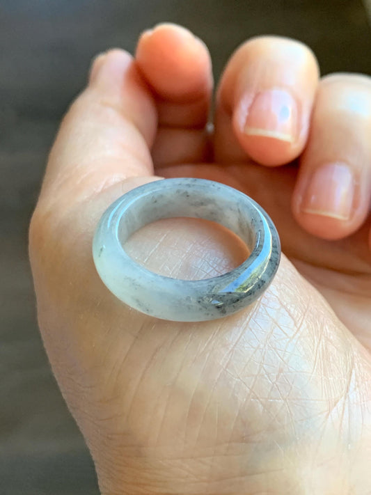 Natural Grade A Icy Translucent Light Gray Wuji Marbled Jade Jadeite Band Ring Size 8.75 US 天然冰胶乌鸡翡翠戒圈 MWJ66B