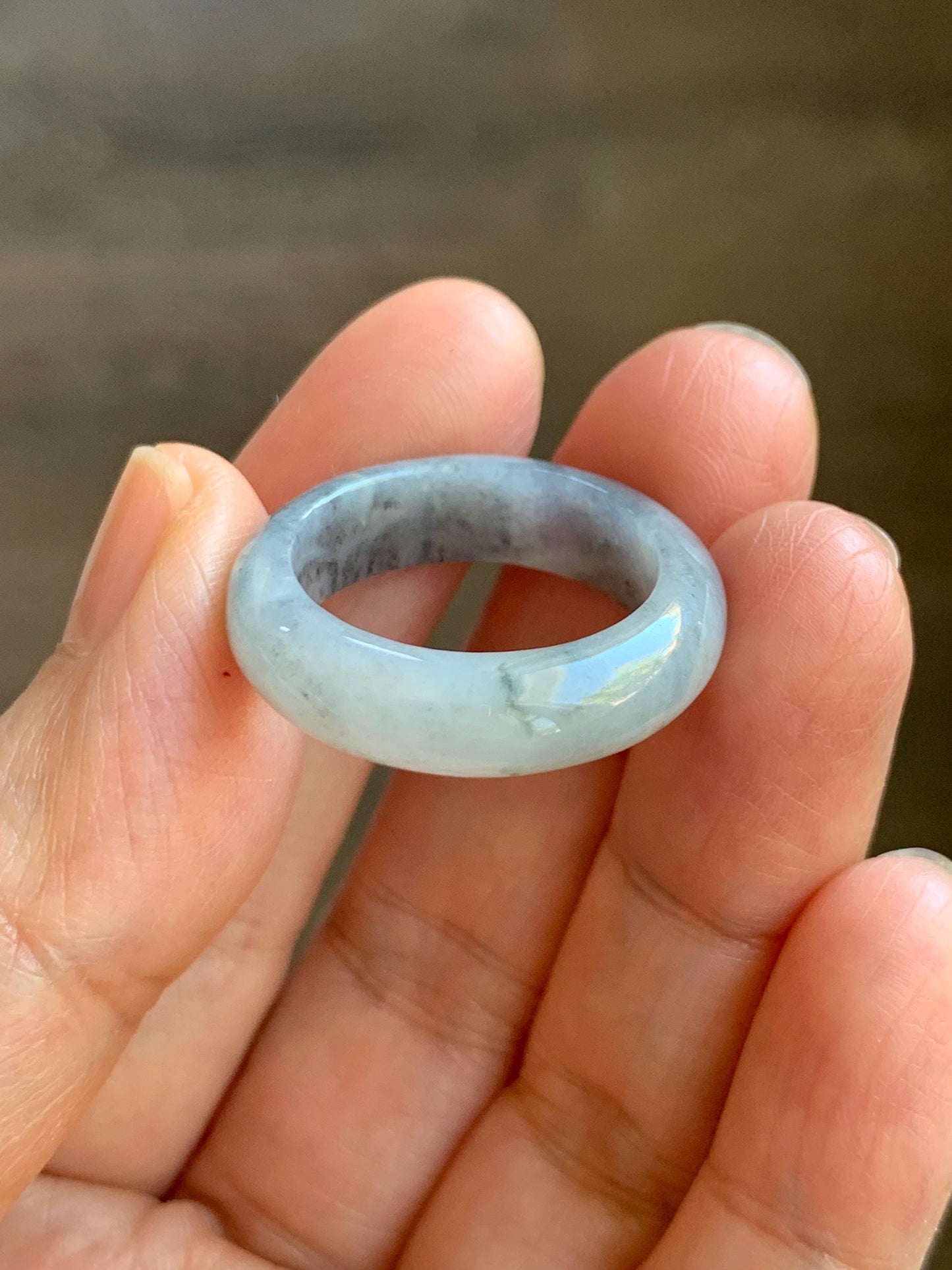 Natural Grade A Icy Translucent Light Gray Wuji Marbled Jade Jadeite Band Ring Size 8.75 US 天然冰胶乌鸡翡翠戒圈 MWJ66B