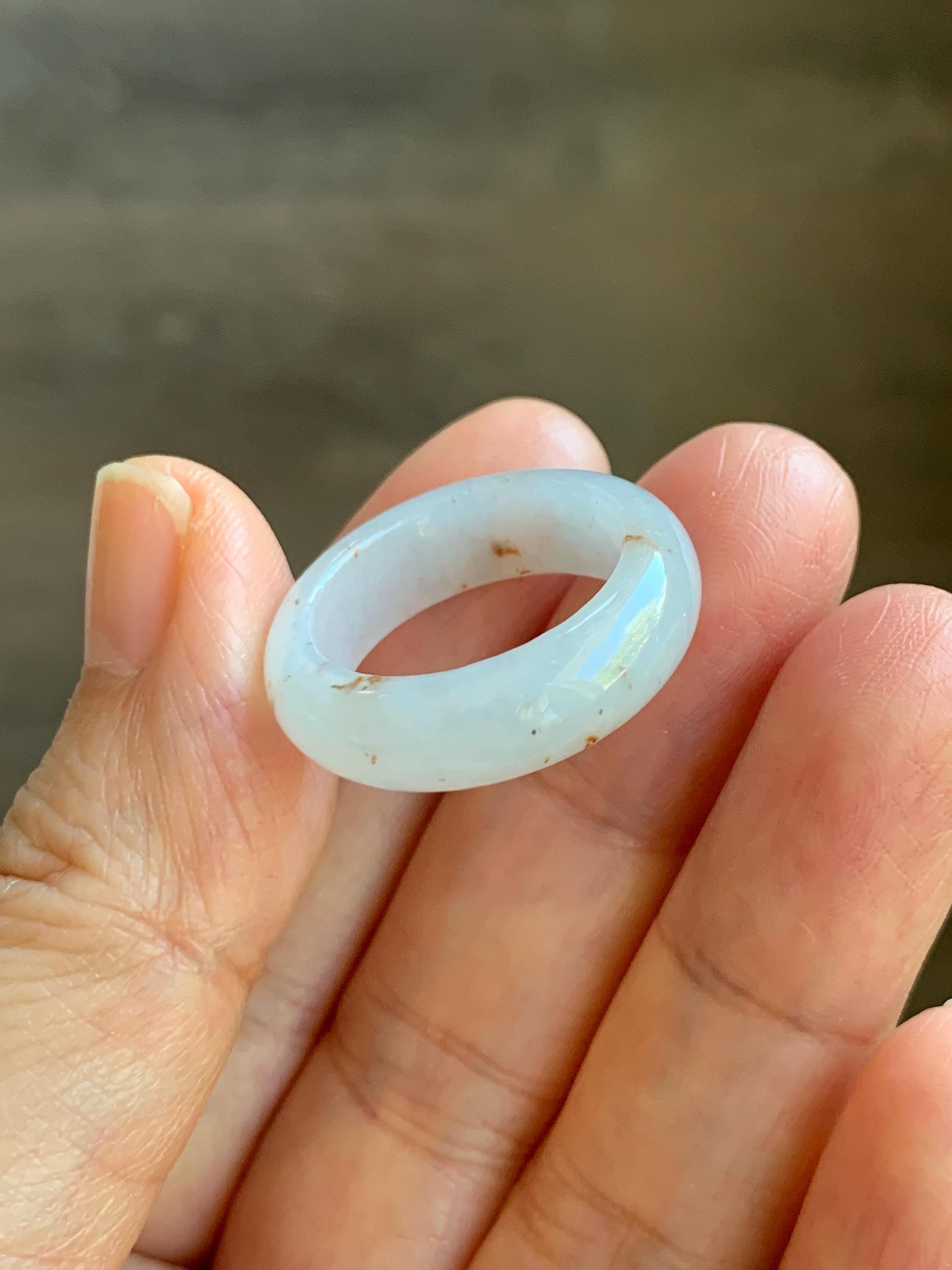 Natural Grade A Icy Translucent White & Golden Brown Marbled Jade Jadeite Band Ring Size 7.5 US 5g 天然冰胶白翡翠撒金戒圈 BSJ100