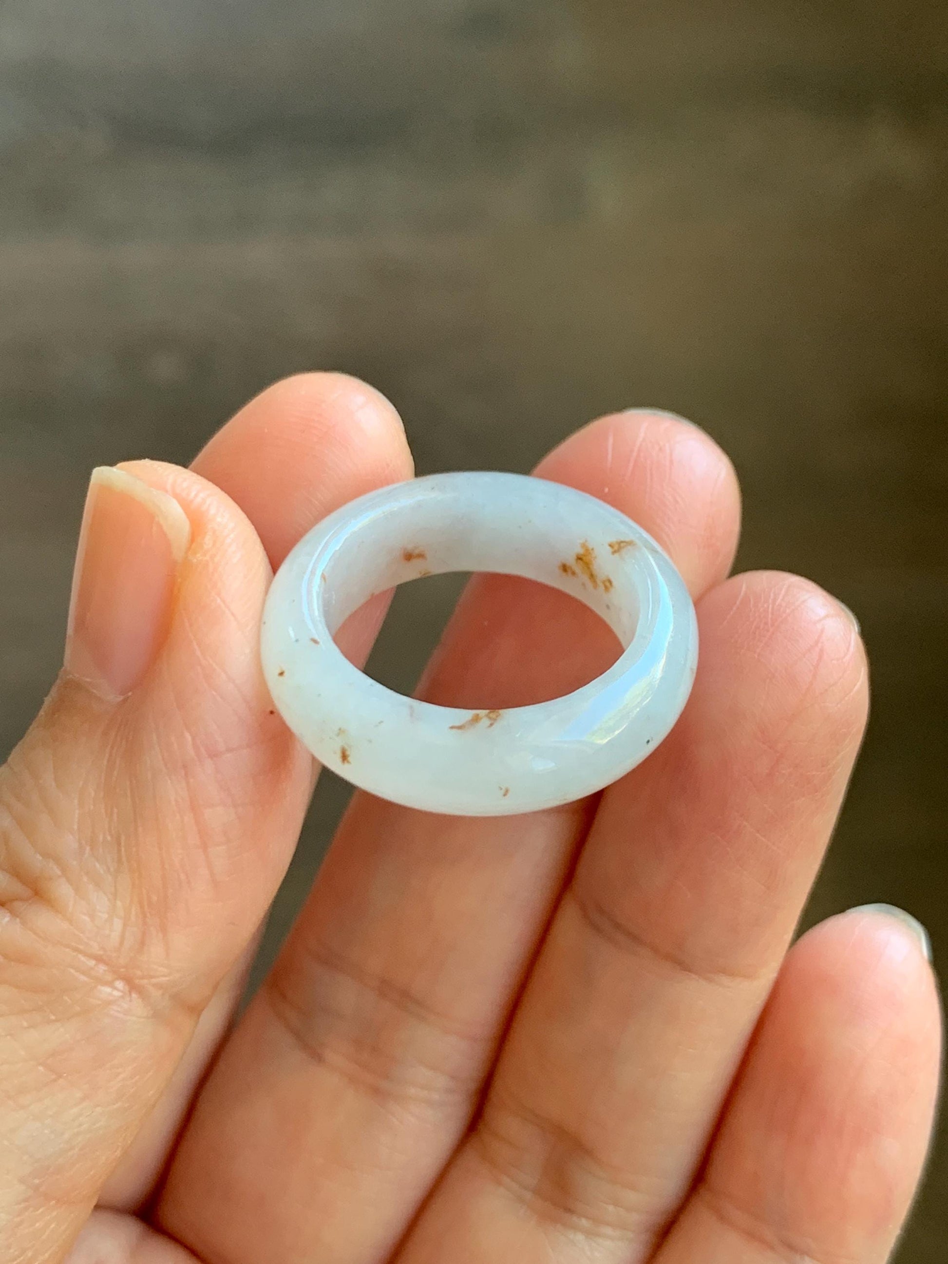 Natural Grade A Icy Translucent White & Golden Brown Marbled Jade Jadeite Band Ring Size 7.5 US 5g 天然冰胶白翡翠撒金戒圈 BSJ100