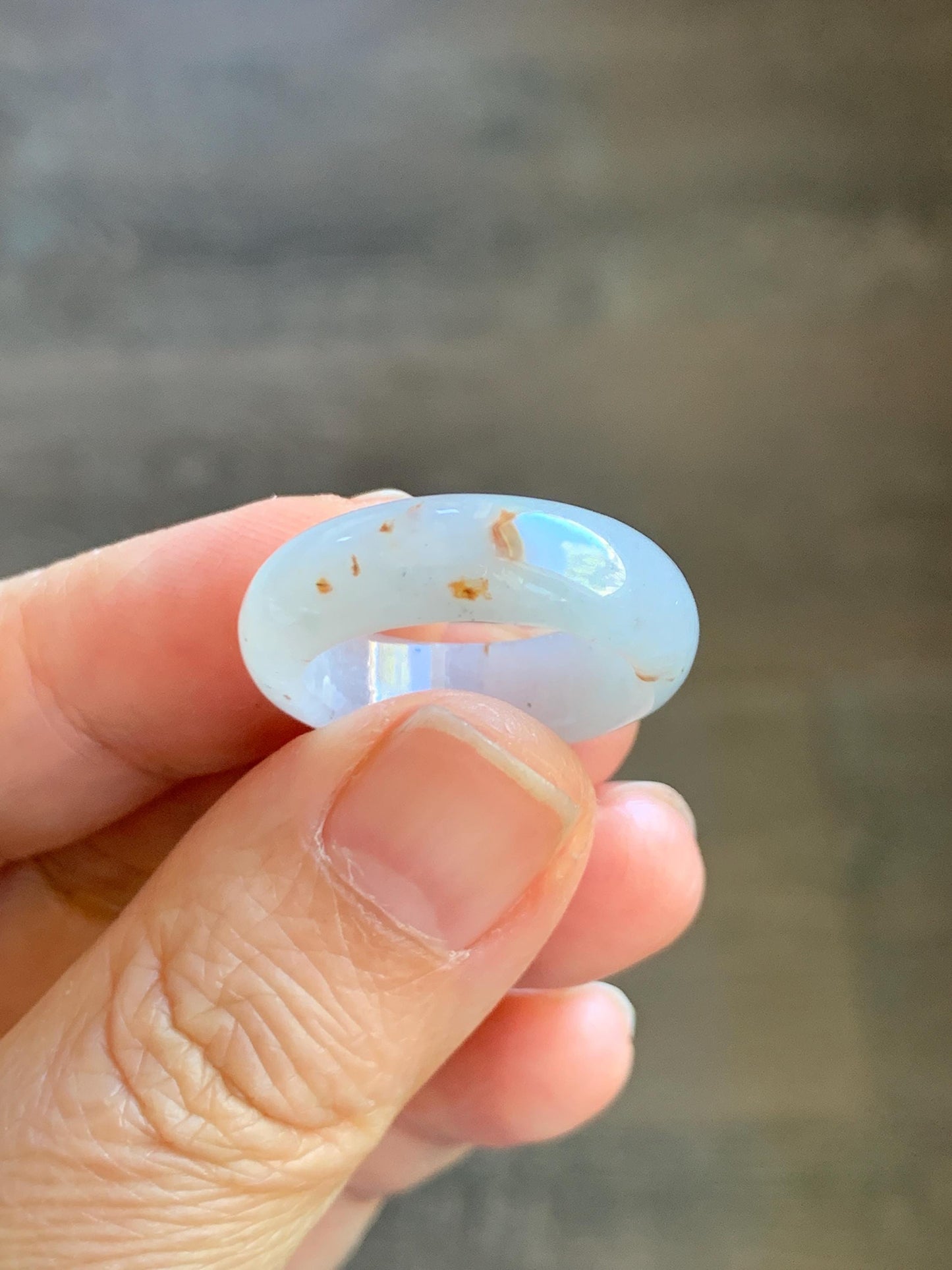Natural Grade A Icy Translucent White & Golden Brown Marbled Jade Jadeite Band Ring Size 7.5 US 5g 天然冰胶白翡翠撒金戒圈 BSJ100