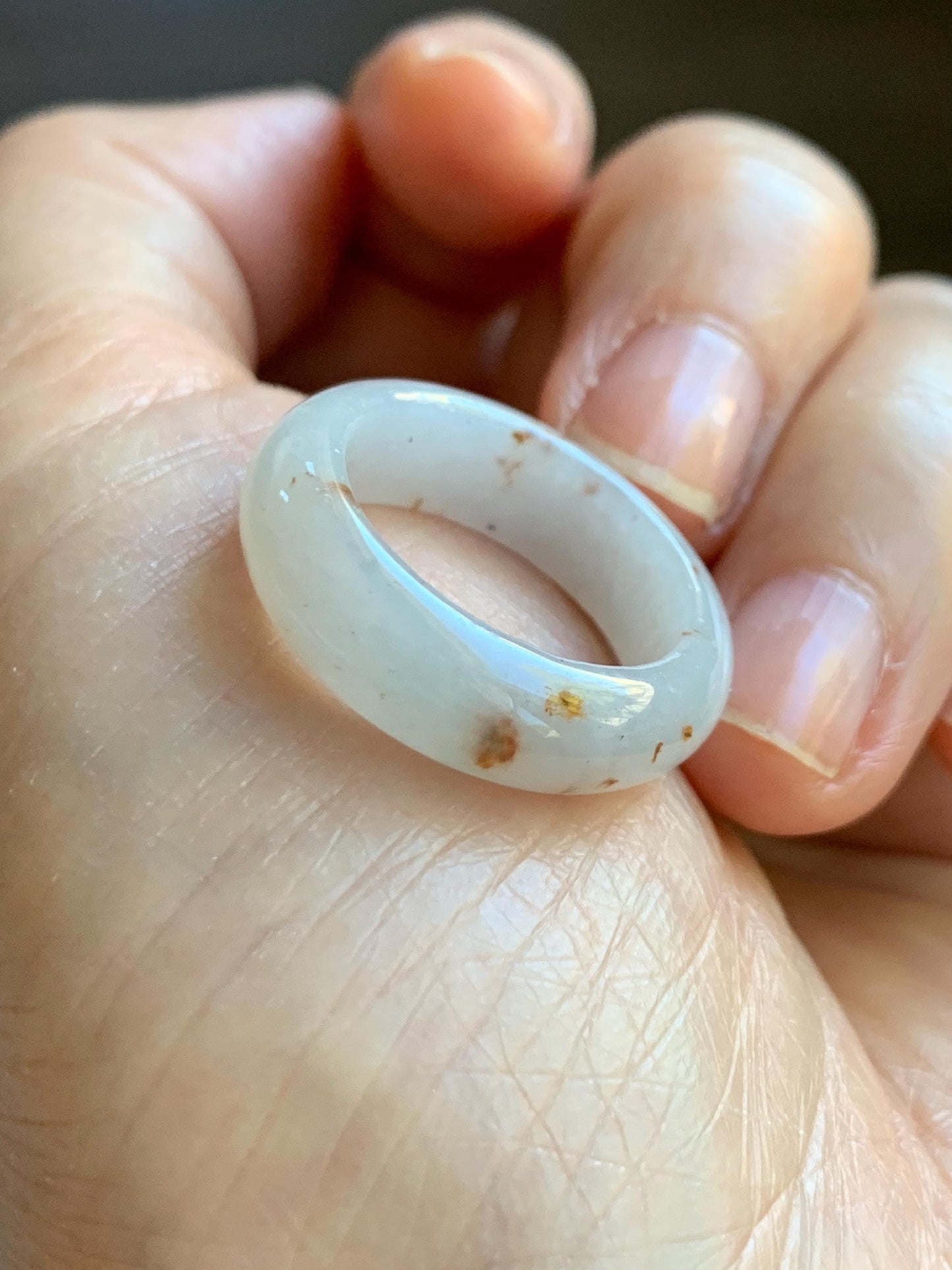 Natural Grade A Icy Translucent White & Golden Brown Marbled Jade Jadeite Band Ring Size 7.5 US 5g 天然冰胶白翡翠撒金戒圈 BSJ100