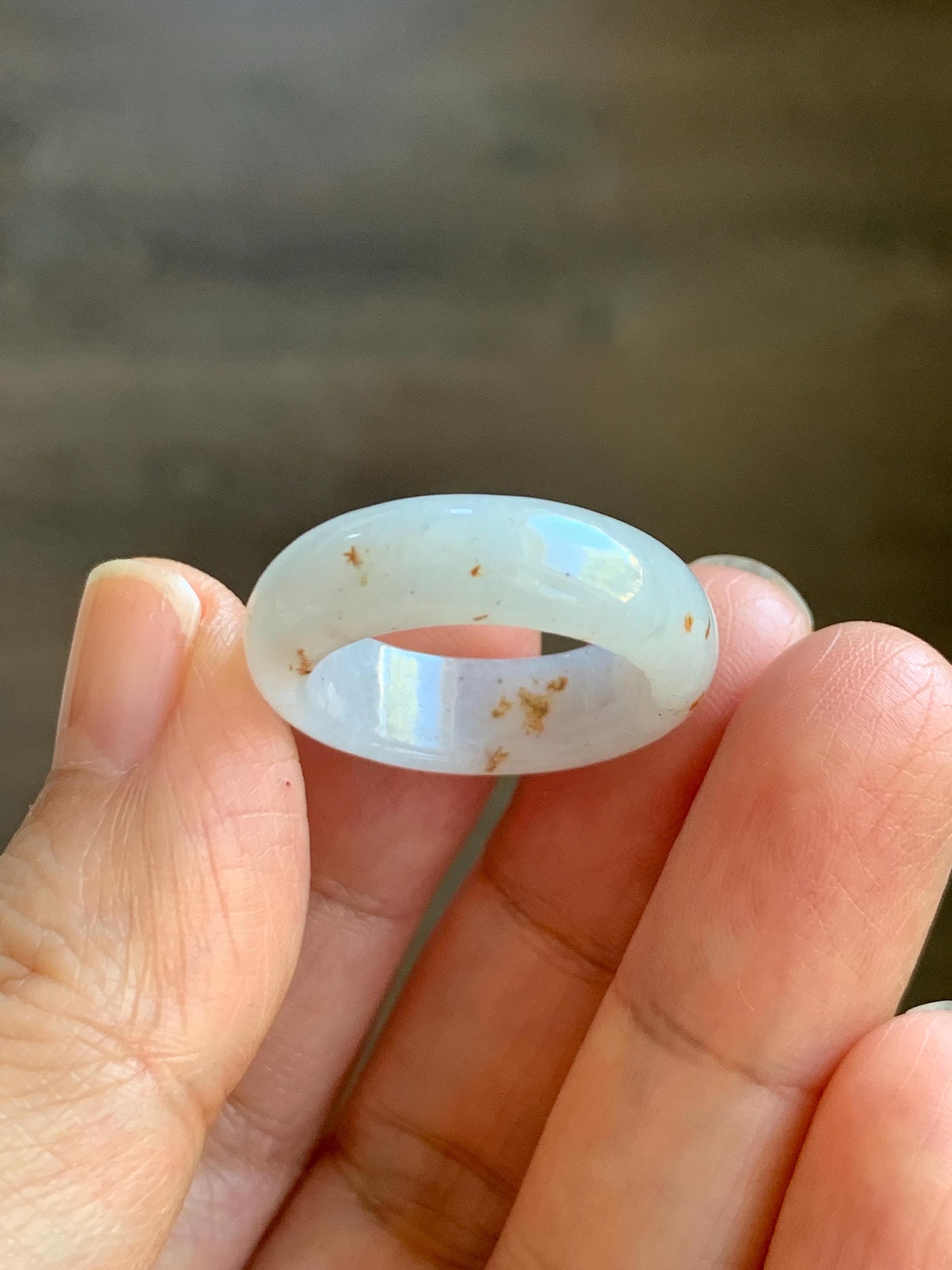 Natural Grade A Icy Translucent White & Golden Brown Marbled Jade Jadeite Band Ring Size 7.5 US 5g 天然冰胶白翡翠撒金戒圈 BSJ100