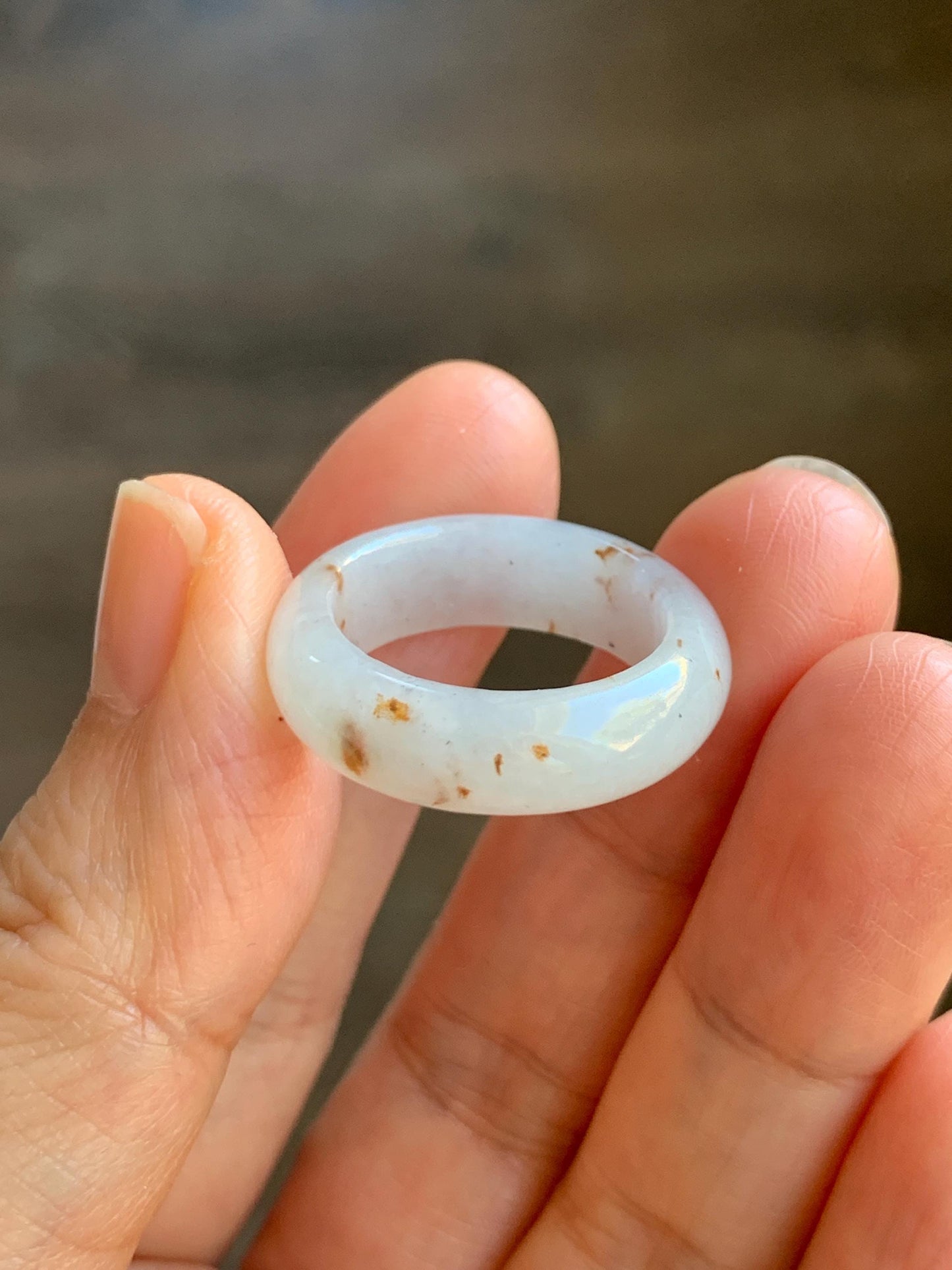 Natural Grade A Icy Translucent White & Golden Brown Marbled Jade Jadeite Band Ring Size 7.5 US 5g 天然冰胶白翡翠撒金戒圈 BSJ100