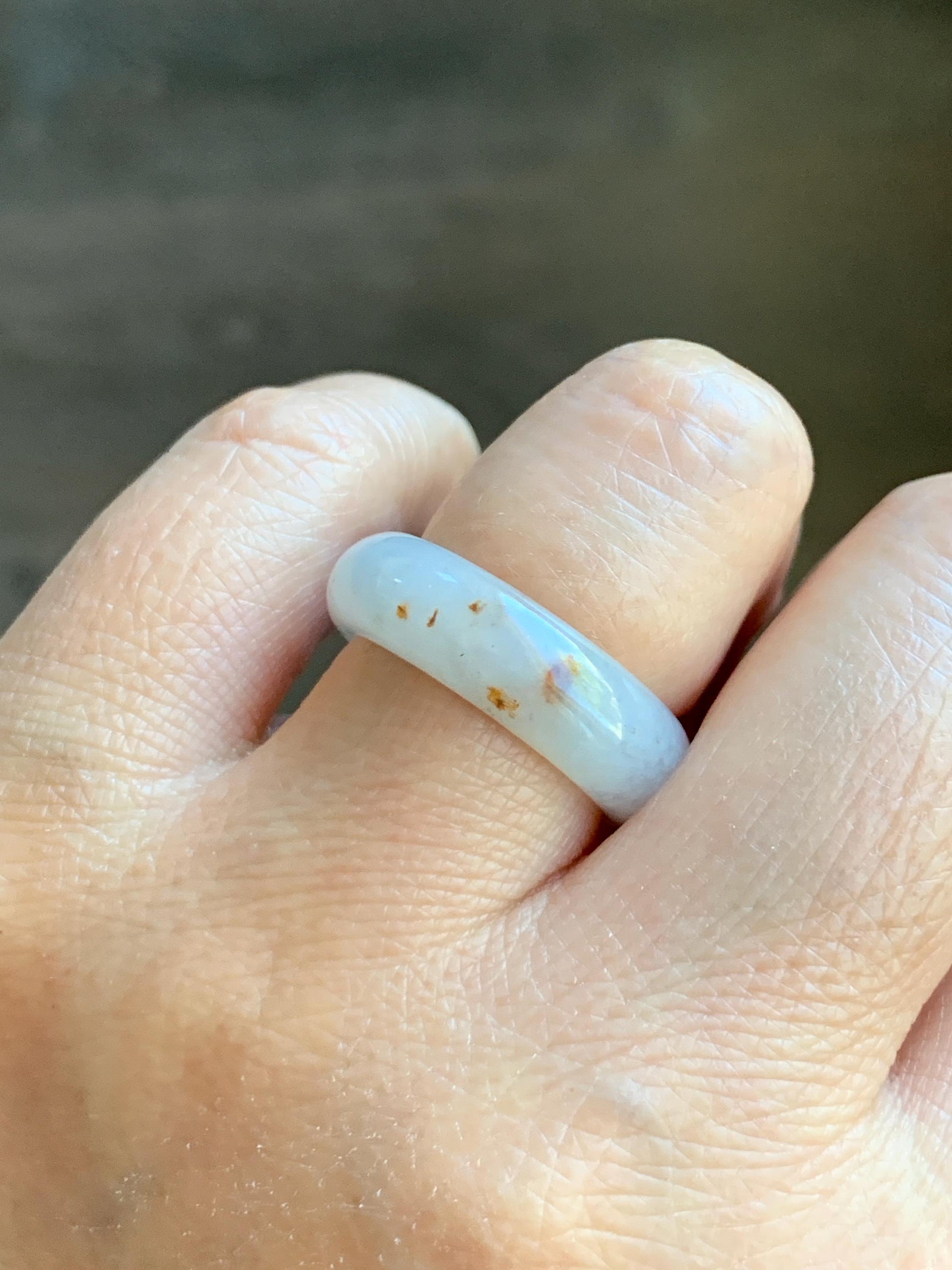 Natural Grade A Icy Translucent White & Golden Brown Marbled Jade Jadeite Band Ring Size 7.5 US 5g 天然冰胶白翡翠撒金戒圈 BSJ100