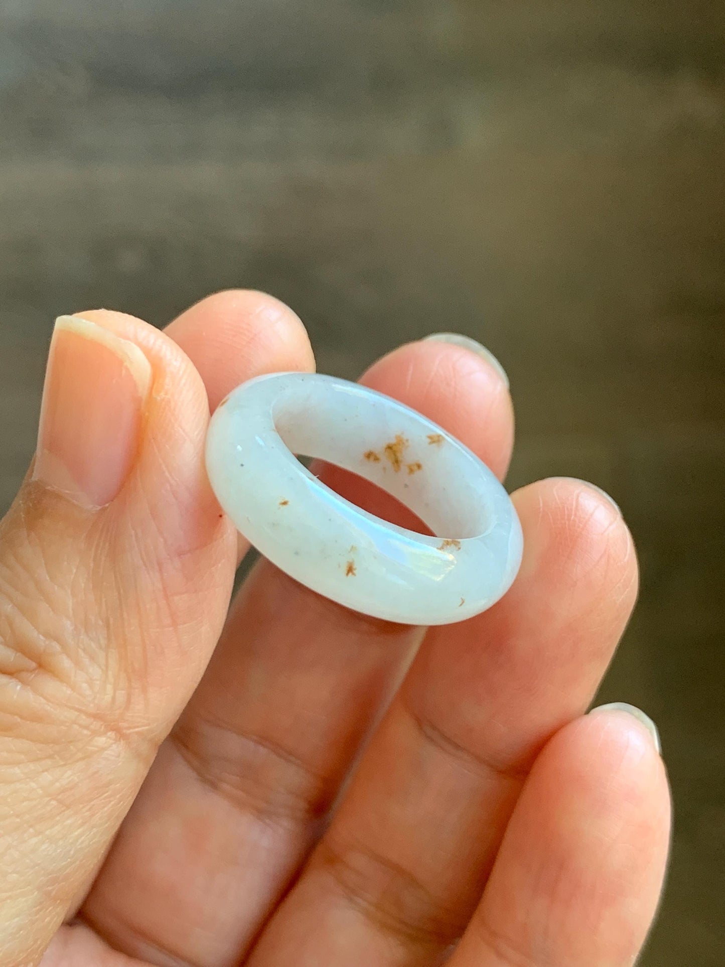 Natural Grade A Icy Translucent White & Golden Brown Marbled Jade Jadeite Band Ring Size 7.5 US 5g 天然冰胶白翡翠撒金戒圈 BSJ100