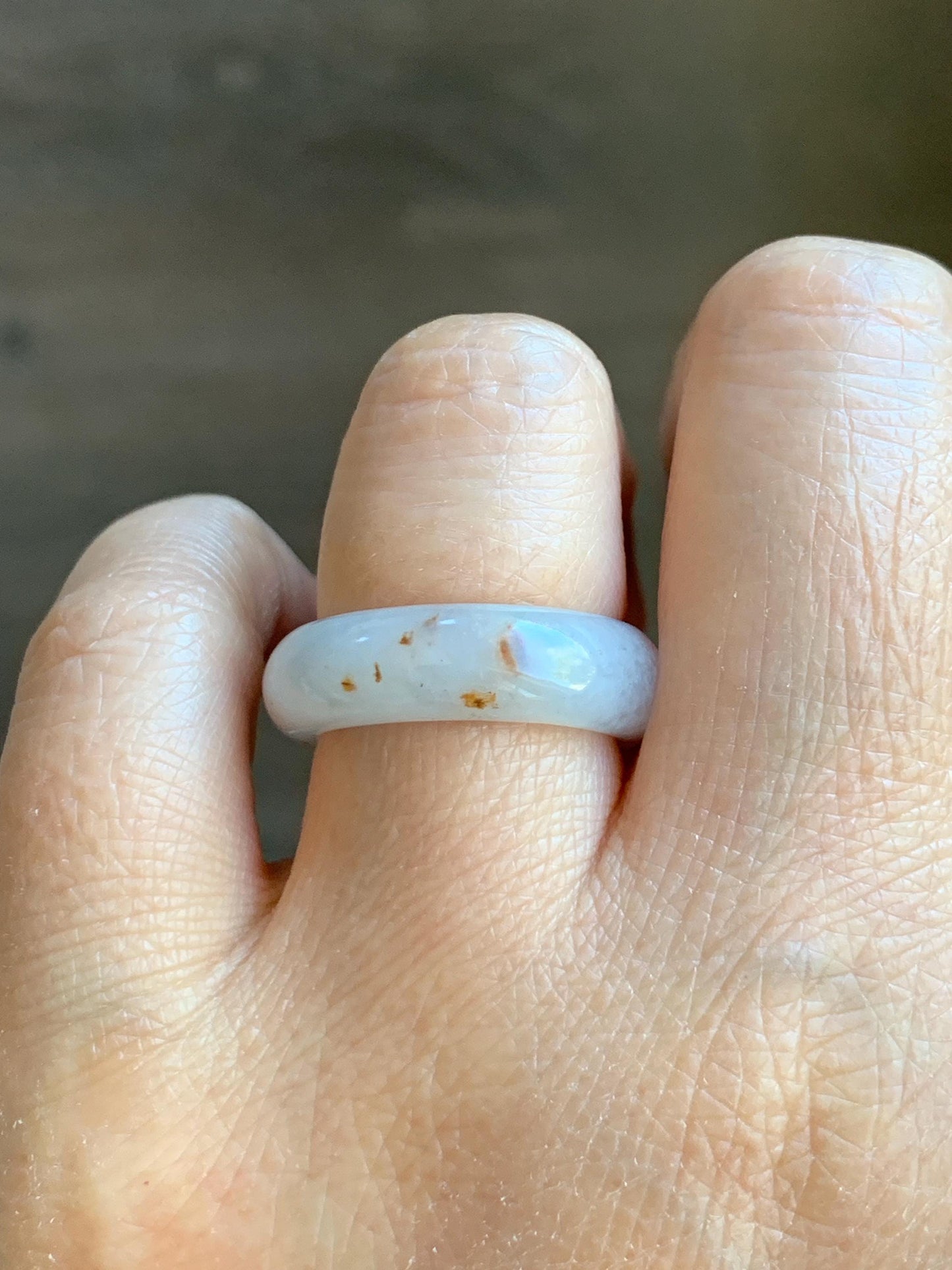 Natural Grade A Icy Translucent White & Golden Brown Marbled Jade Jadeite Band Ring Size 7.5 US 5g 天然冰胶白翡翠撒金戒圈 BSJ100