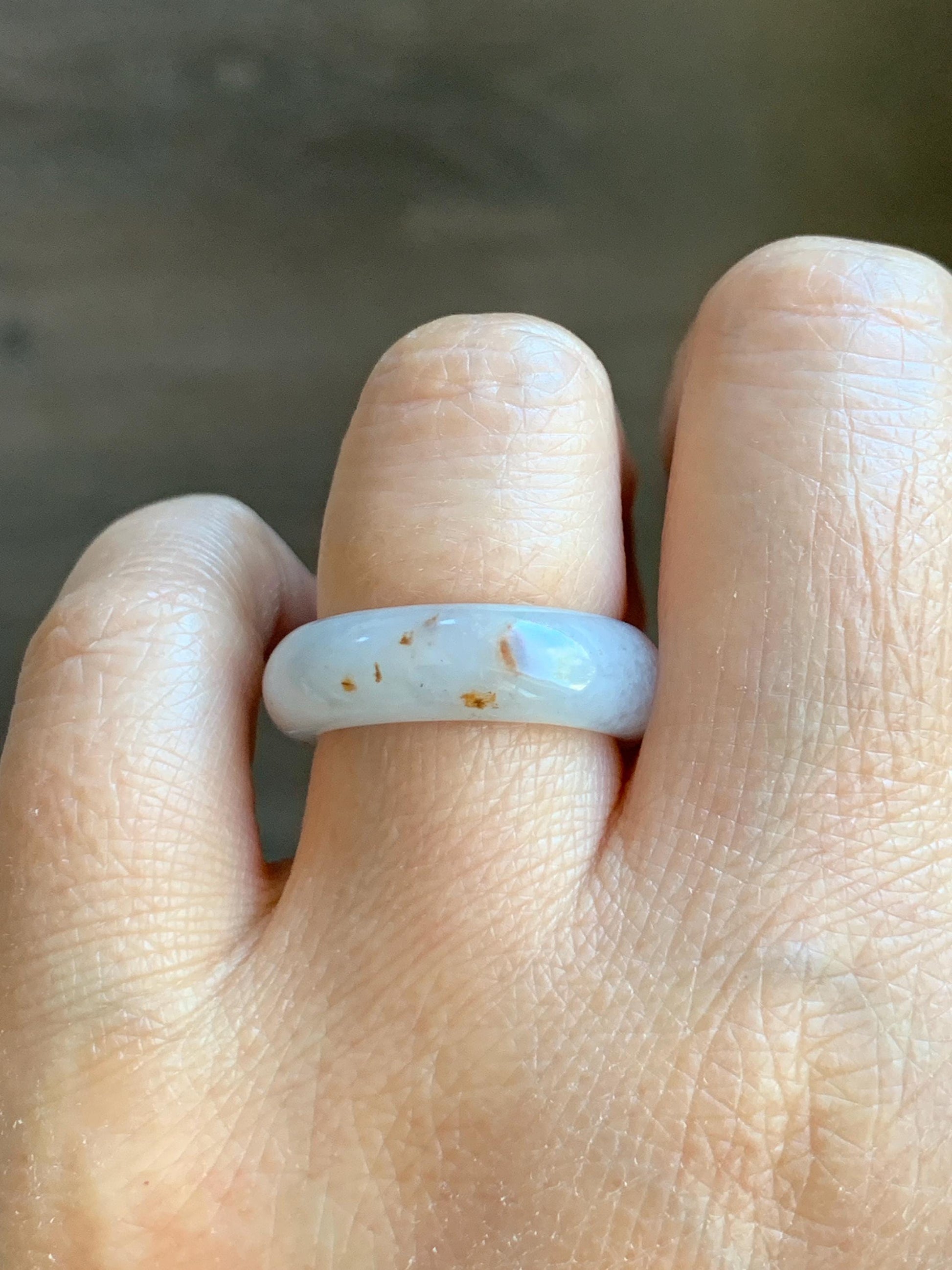 Natural Grade A Icy Translucent White & Golden Brown Marbled Jade Jadeite Band Ring Size 7.5 US 5g 天然冰胶白翡翠撒金戒圈 BSJ100