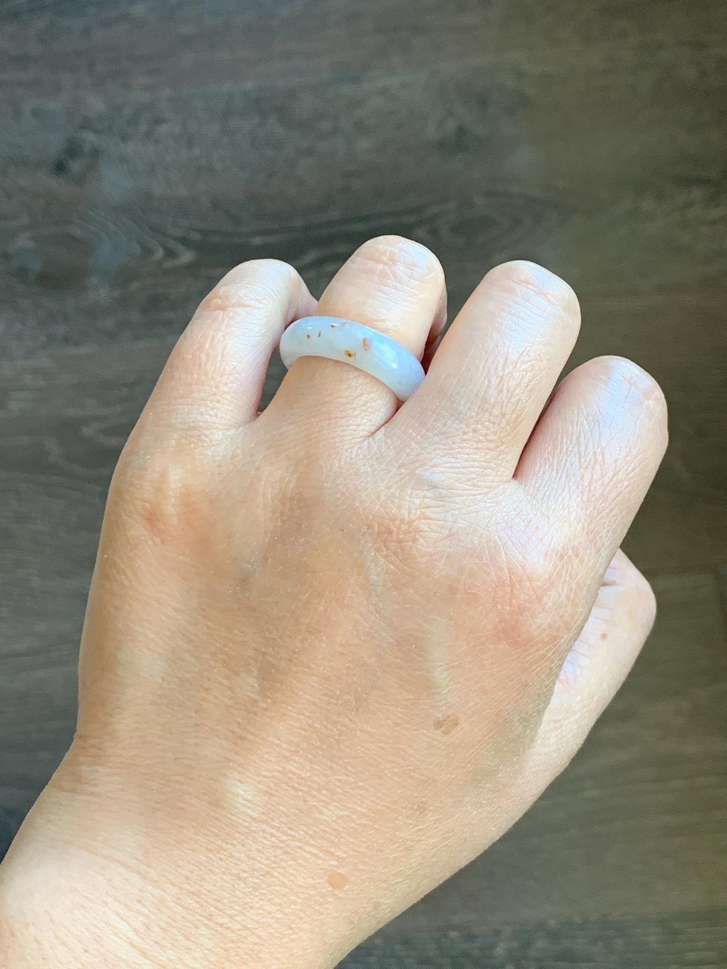 Natural Grade A Icy Translucent White & Golden Brown Marbled Jade Jadeite Band Ring Size 7.5 US 5g 天然冰胶白翡翠撒金戒圈 BSJ100