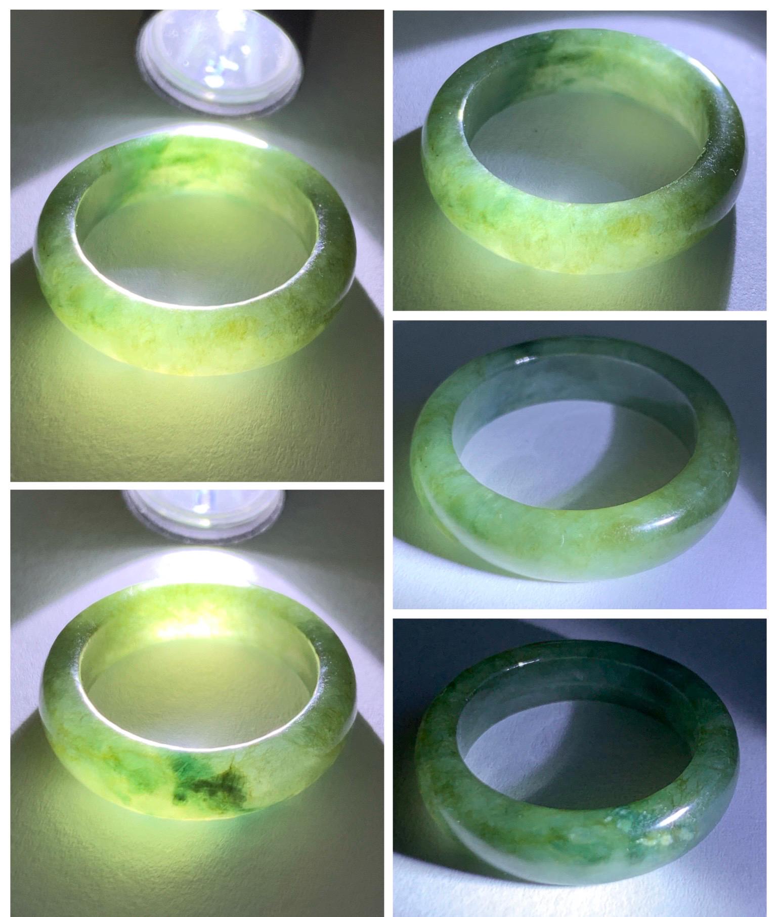 Natural Grade A Icy Translucent Olive Green Marbled Jade Jadeite Band Ring Size 7.75 US 3g 天然暗绿飘花翡翠戒圈 MAL66