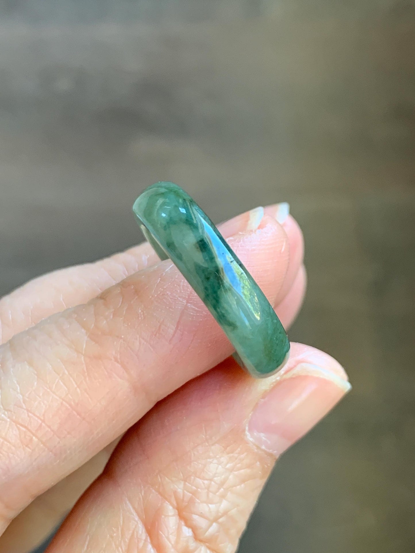 Natural Grade A Icy Translucent Olive Green Marbled Jade Jadeite Band Ring Size 7.75 US 3g 天然暗绿飘花翡翠戒圈 MAL66