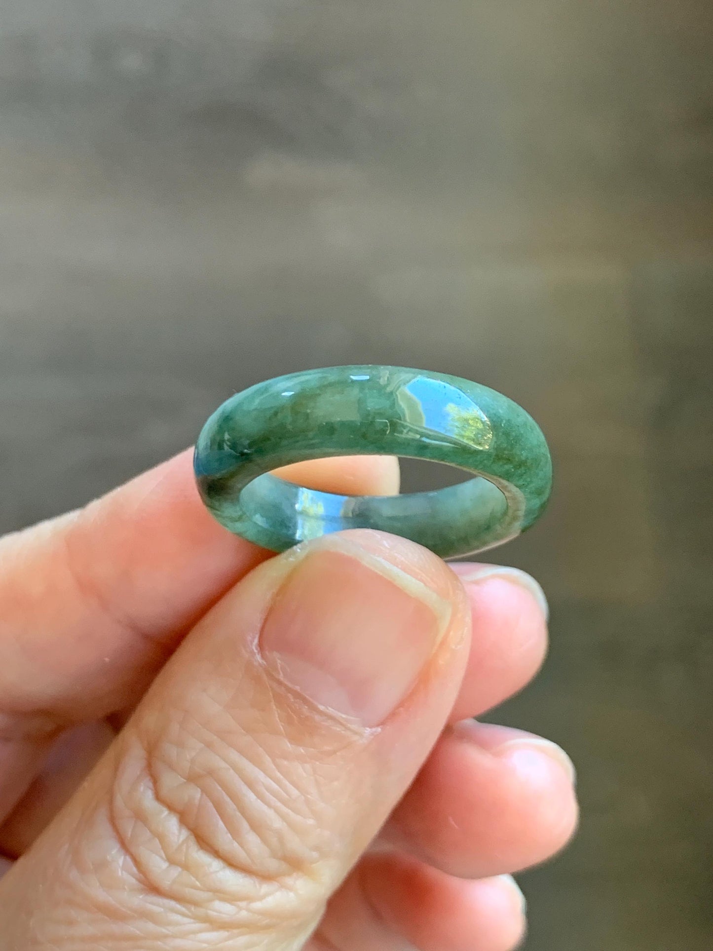 Natural Grade A Icy Translucent Olive Green Marbled Jade Jadeite Band Ring Size 7.75 US 3g 天然暗绿飘花翡翠戒圈 MAL66