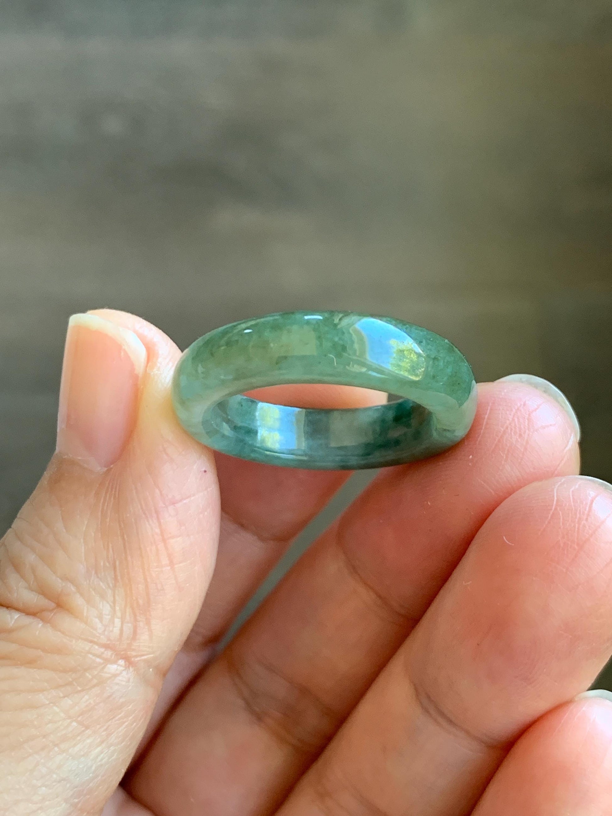 Natural Grade A Icy Translucent Olive Green Marbled Jade Jadeite Band Ring Size 7.75 US 3g 天然暗绿飘花翡翠戒圈 MAL66