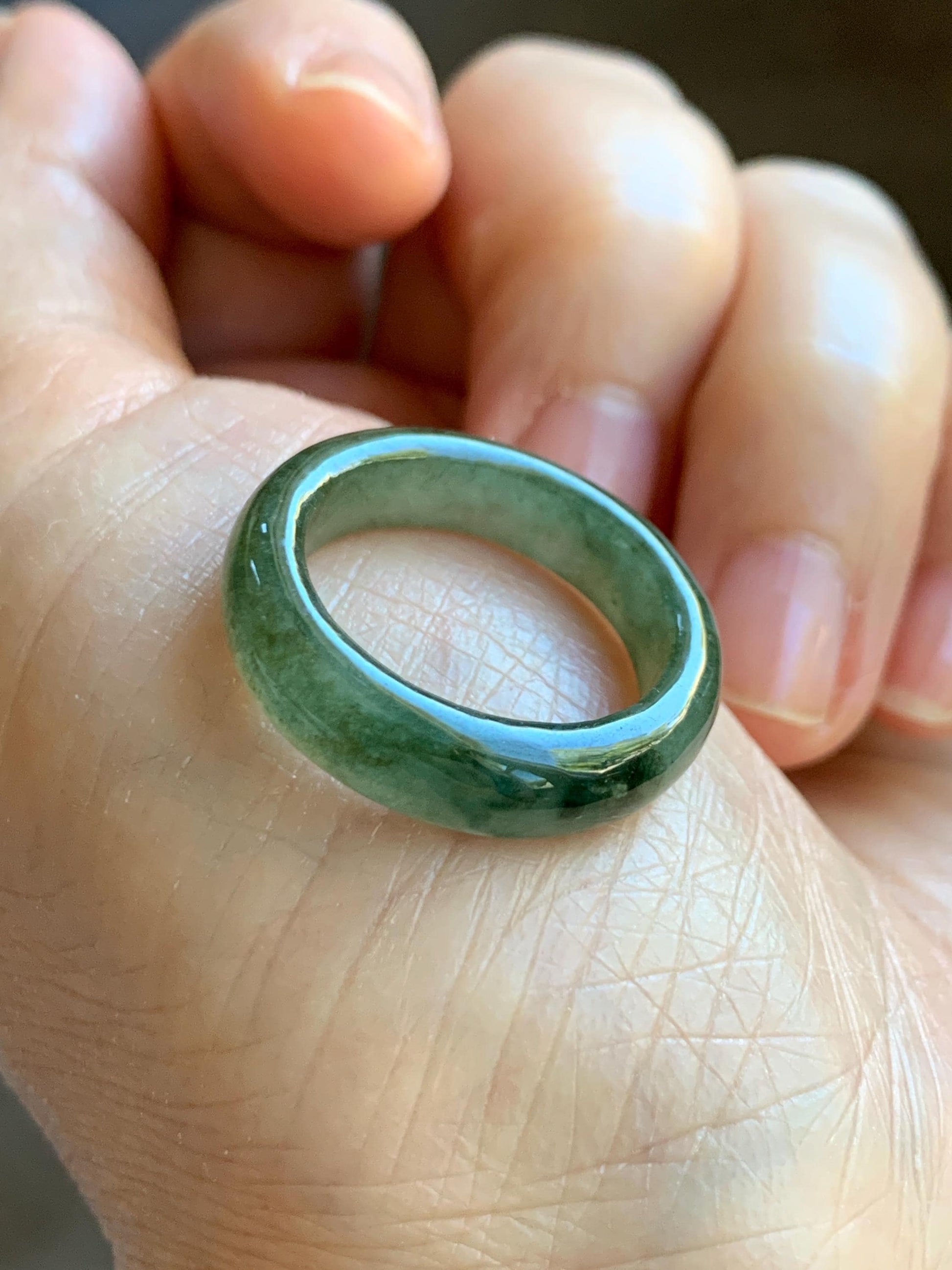 Natural Grade A Icy Translucent Olive Green Marbled Jade Jadeite Band Ring Size 7.75 US 3g 天然暗绿飘花翡翠戒圈 MAL66