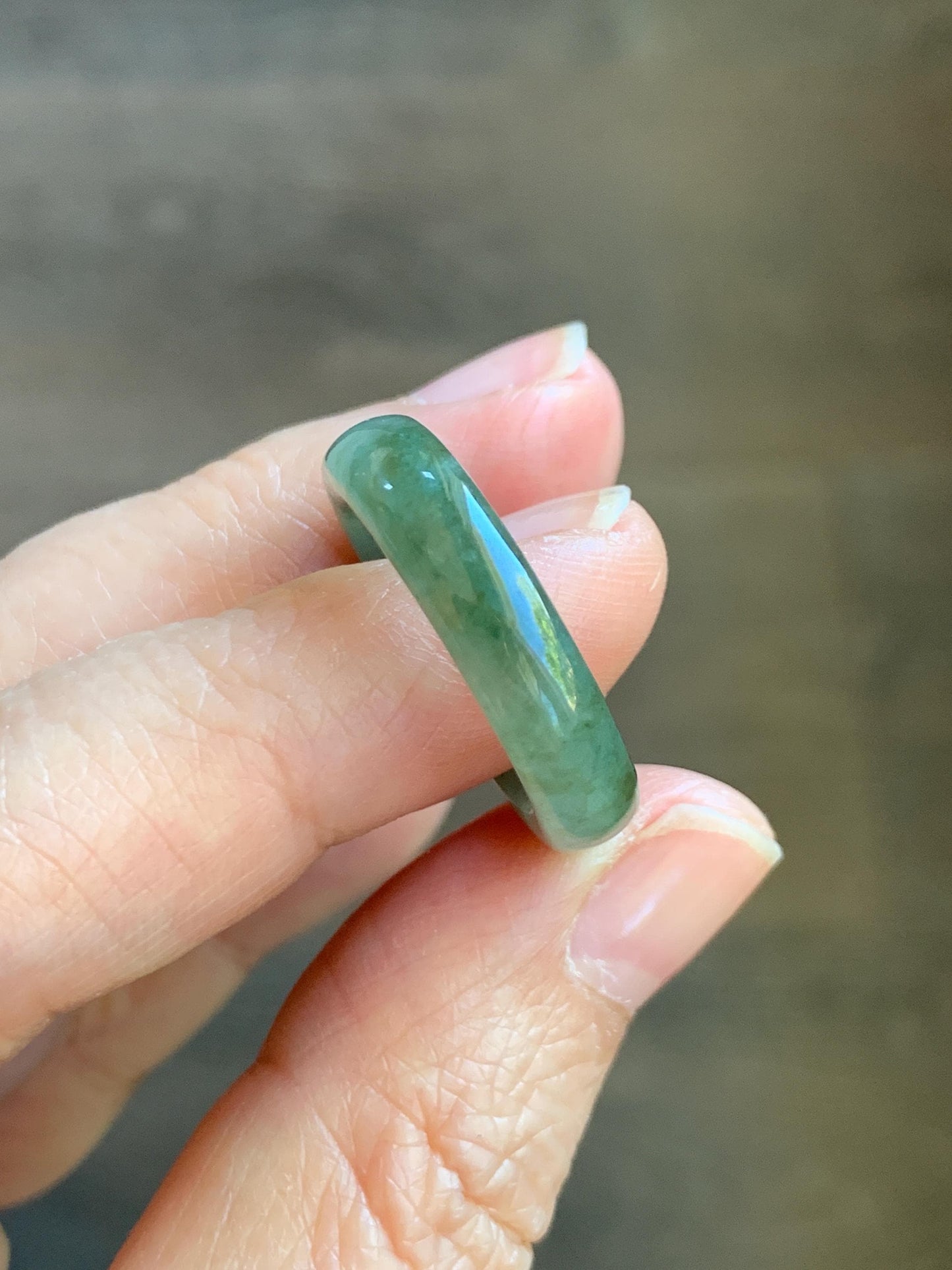 Natural Grade A Icy Translucent Olive Green Marbled Jade Jadeite Band Ring Size 7.75 US 3g 天然暗绿飘花翡翠戒圈 MAL66