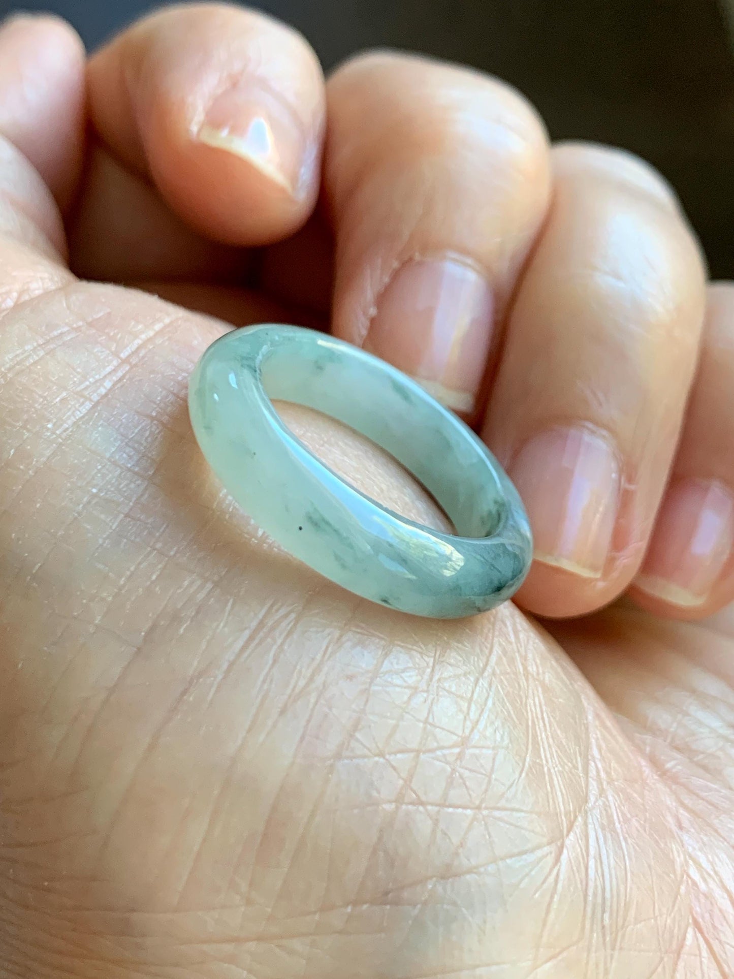 Natural Grade A Icy Translucent Pastel Green Marbled Jade Jadeite Band Ring Size 7.75 US 3g 天然晴底飘花翡翠戒圈 MQP80