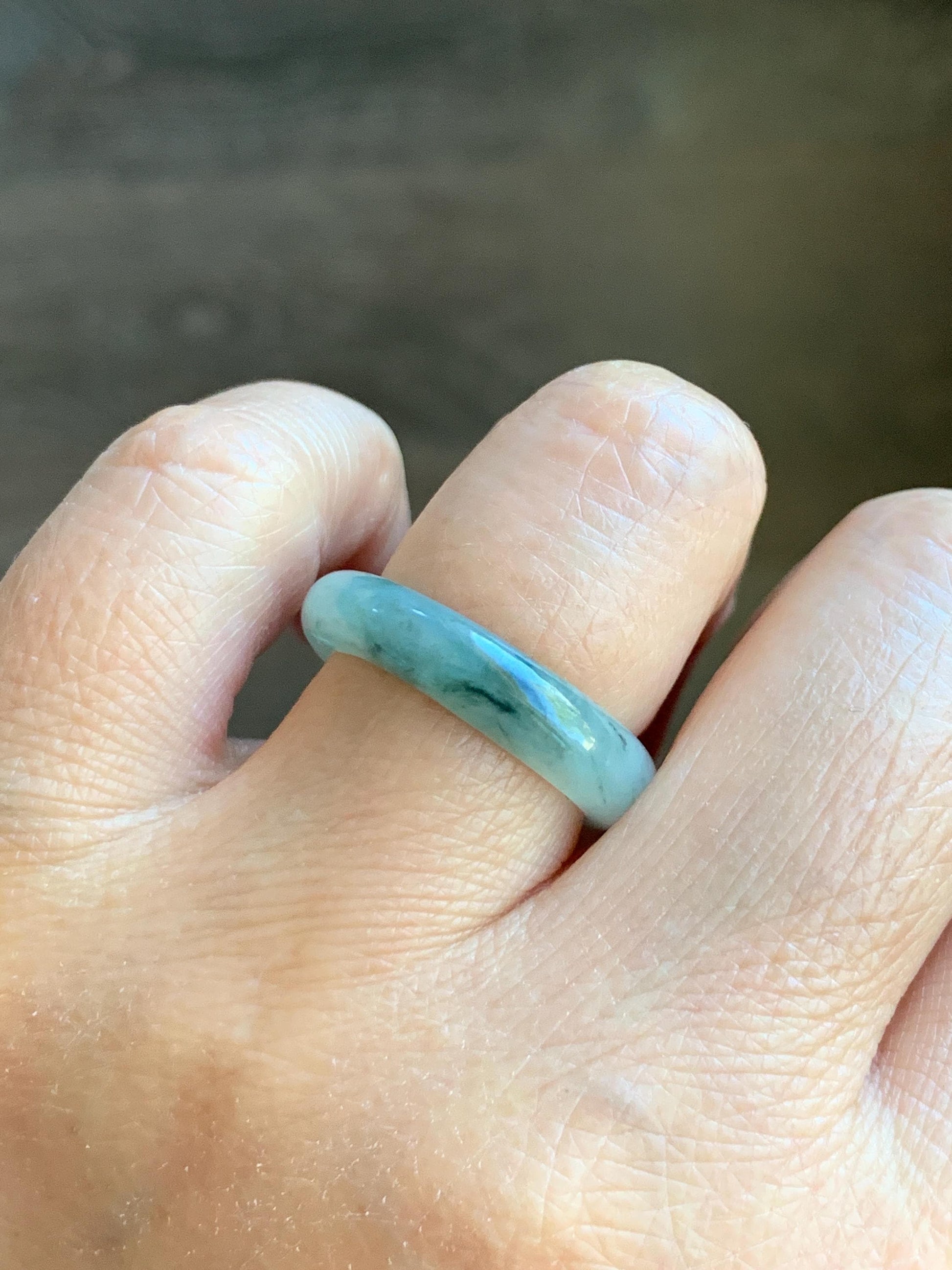 Natural Grade A Icy Translucent Pastel Green Marbled Jade Jadeite Band Ring Size 7.75 US 3g 天然晴底飘花翡翠戒圈 MQP80