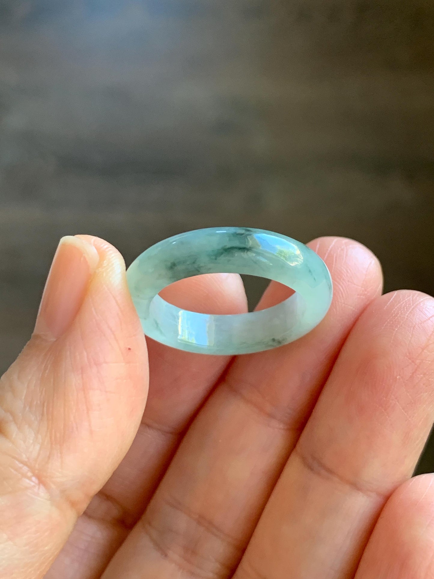 Natural Grade A Icy Translucent Pastel Green Marbled Jade Jadeite Band Ring Size 7.75 US 3g 天然晴底飘花翡翠戒圈 MQP80