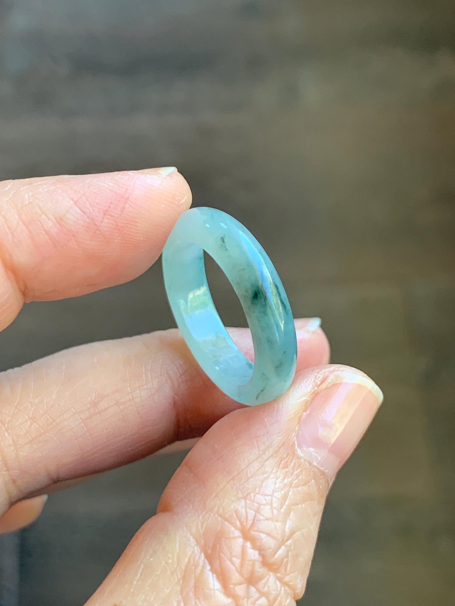 Natural Grade A Icy Translucent Pastel Green Marbled Jade Jadeite Band Ring Size 7.75 US 3g 天然晴底飘花翡翠戒圈 MQP80