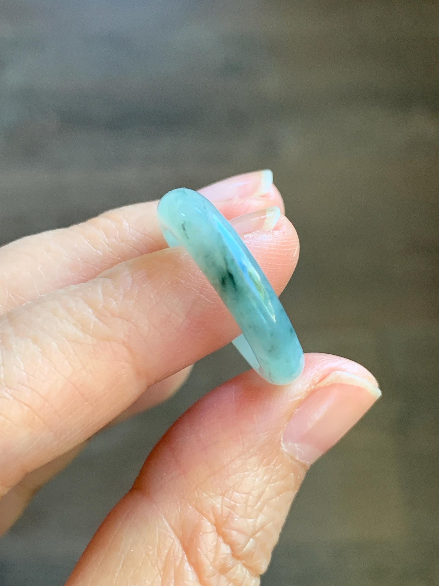 Natural Grade A Icy Translucent Pastel Green Marbled Jade Jadeite Band Ring Size 7.75 US 3g 天然晴底飘花翡翠戒圈 MQP80