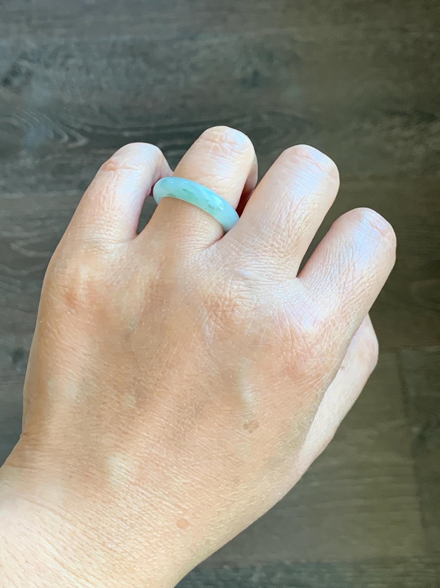 Natural Grade A Icy Translucent Pastel Green Marbled Jade Jadeite Band Ring Size 7.75 US 3g 天然晴底飘花翡翠戒圈 MQP80
